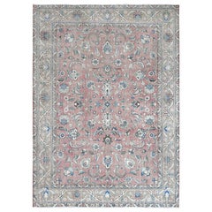 Old Persian Tabriz Coral Pink Low to the Pile Wool Herbal Wash Hand Knotted Rug