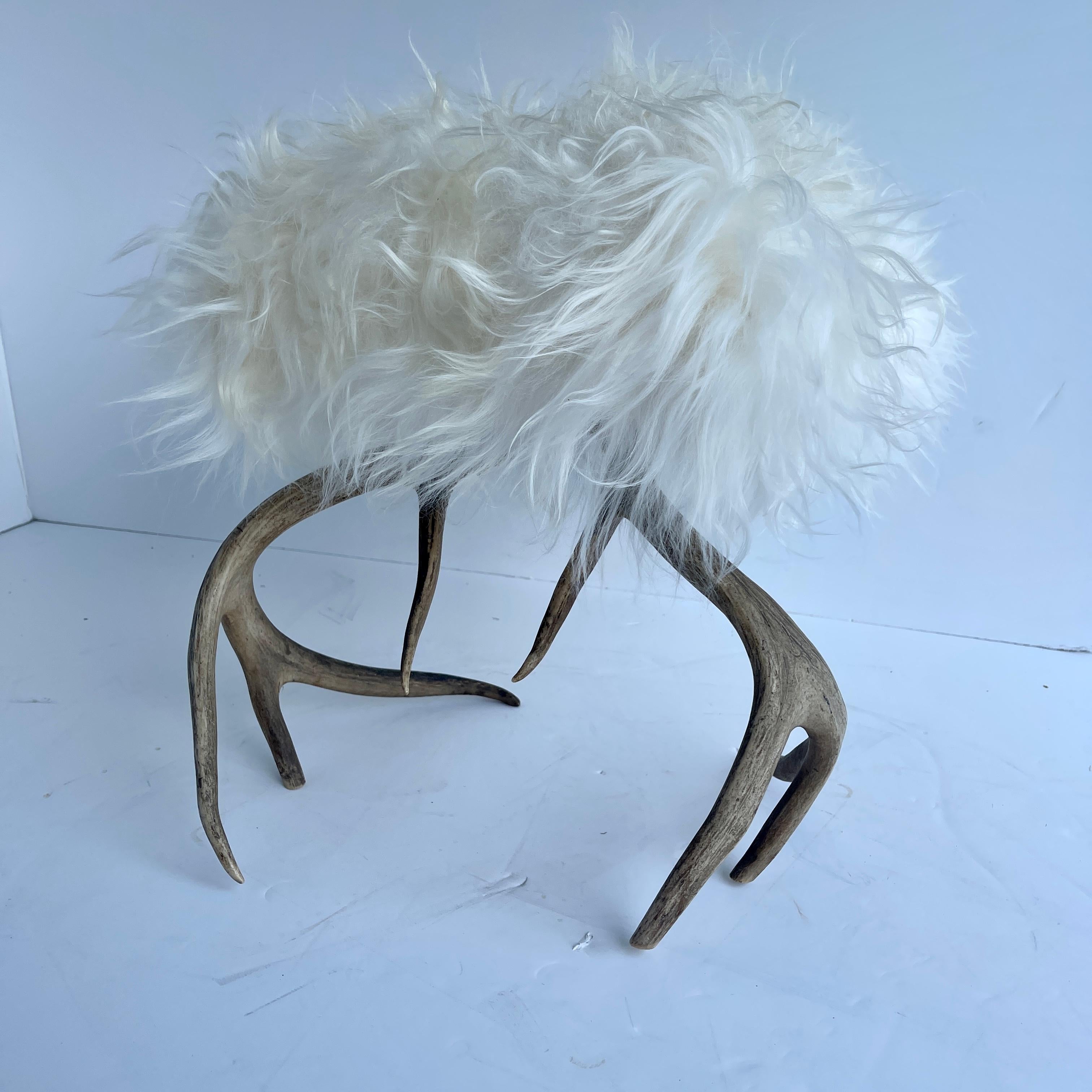 Mid-20th Century Old Petite Antler Footstool Seat with White Icelandic Sheepskin For Sale