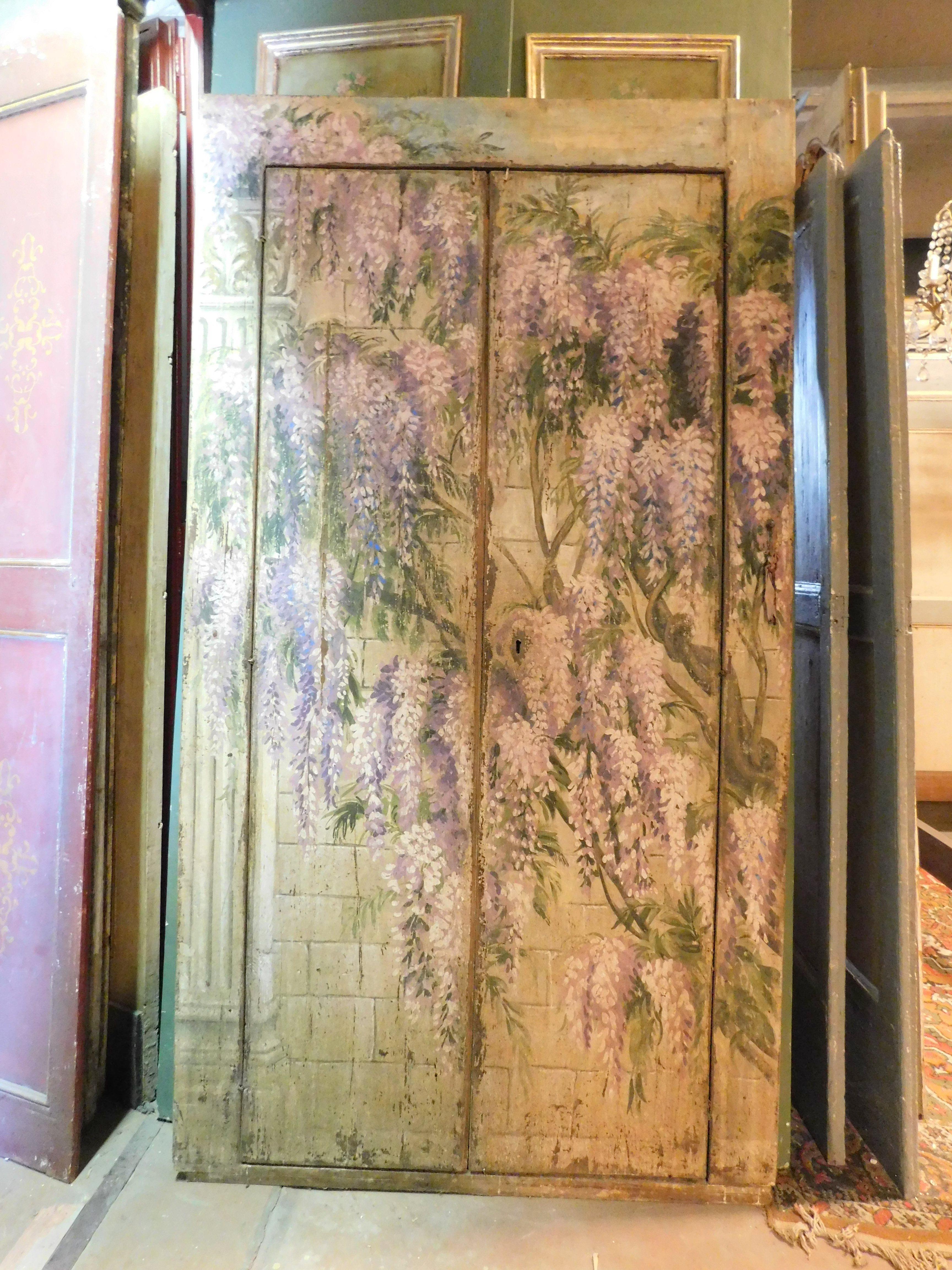 Italian Old placard wall wardrobe painted with wisteria, double door, Italy For Sale