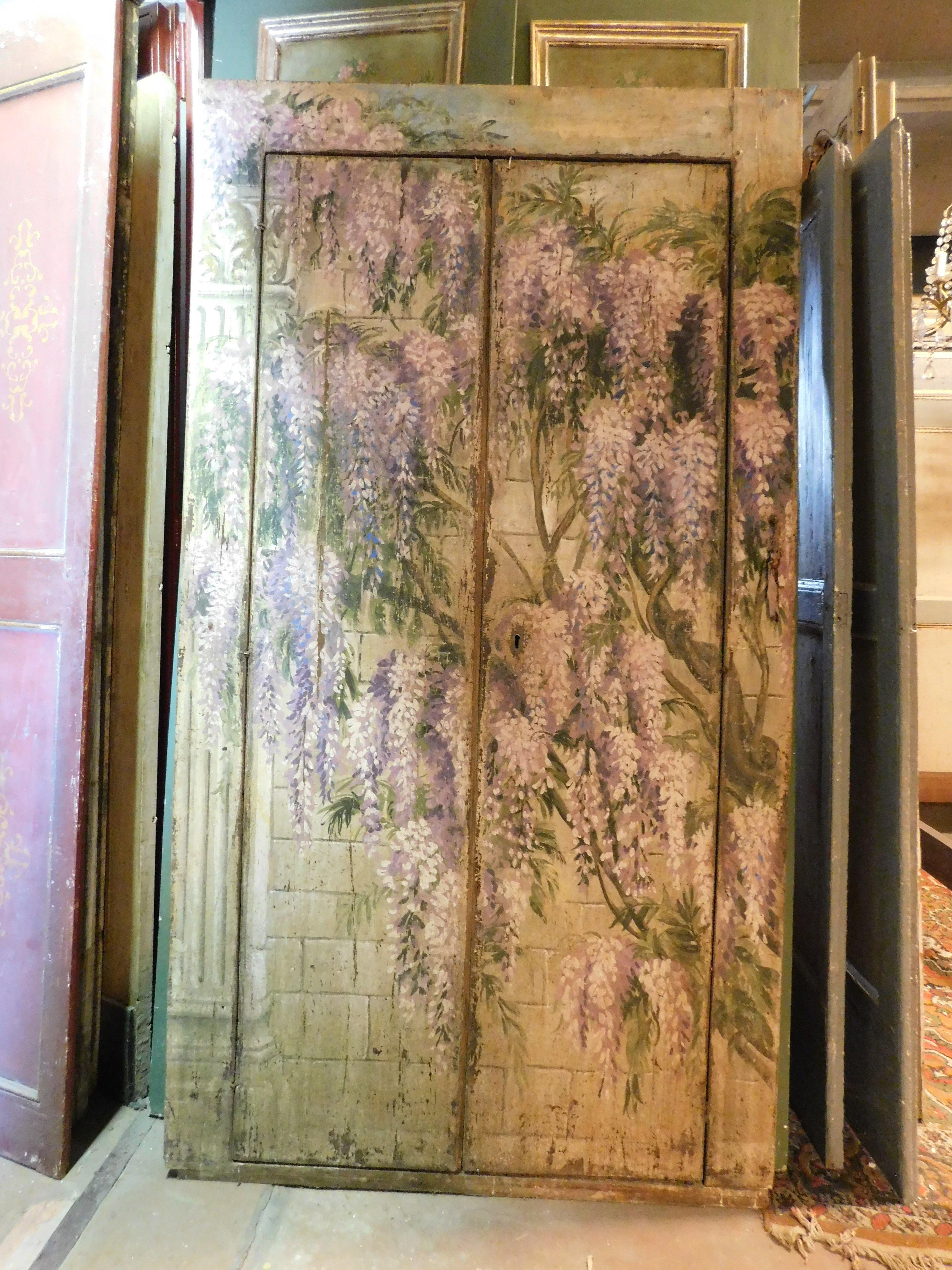 Hand-Painted Old placard wall wardrobe painted with wisteria, double door, Italy For Sale