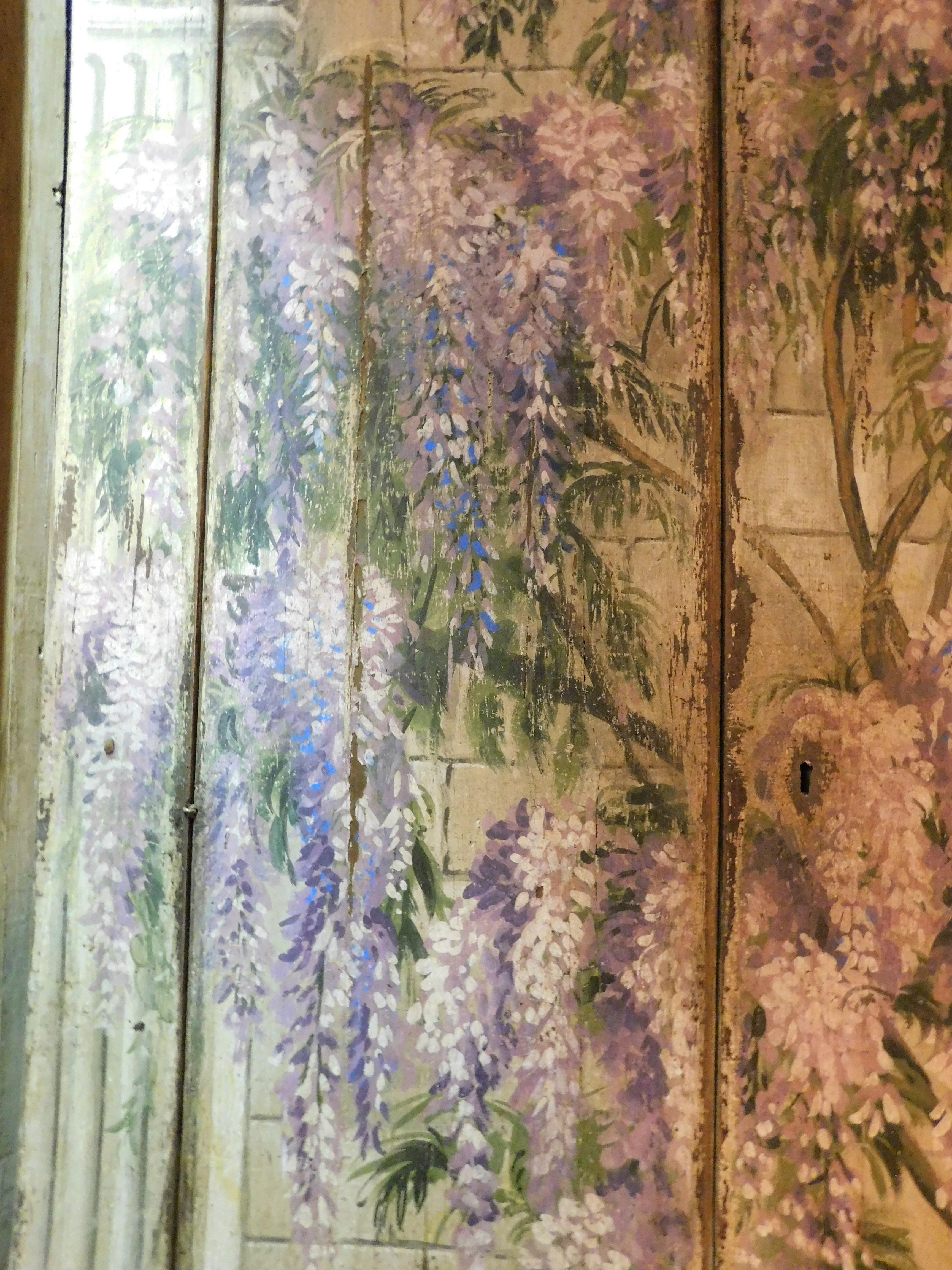 20th Century Old placard wall wardrobe painted with wisteria, double door, Italy For Sale
