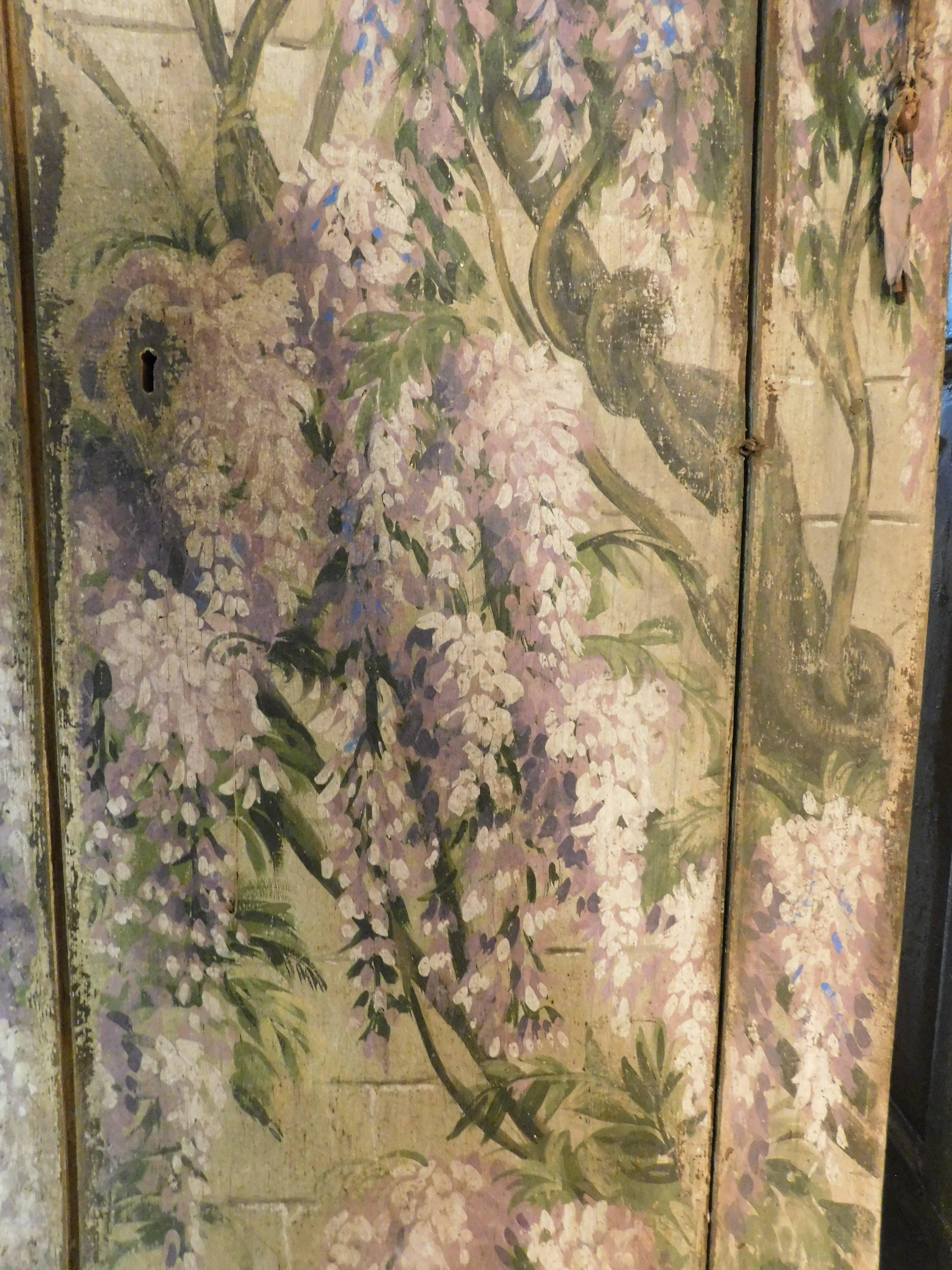 Poplar Old placard wall wardrobe painted with wisteria, double door, Italy For Sale