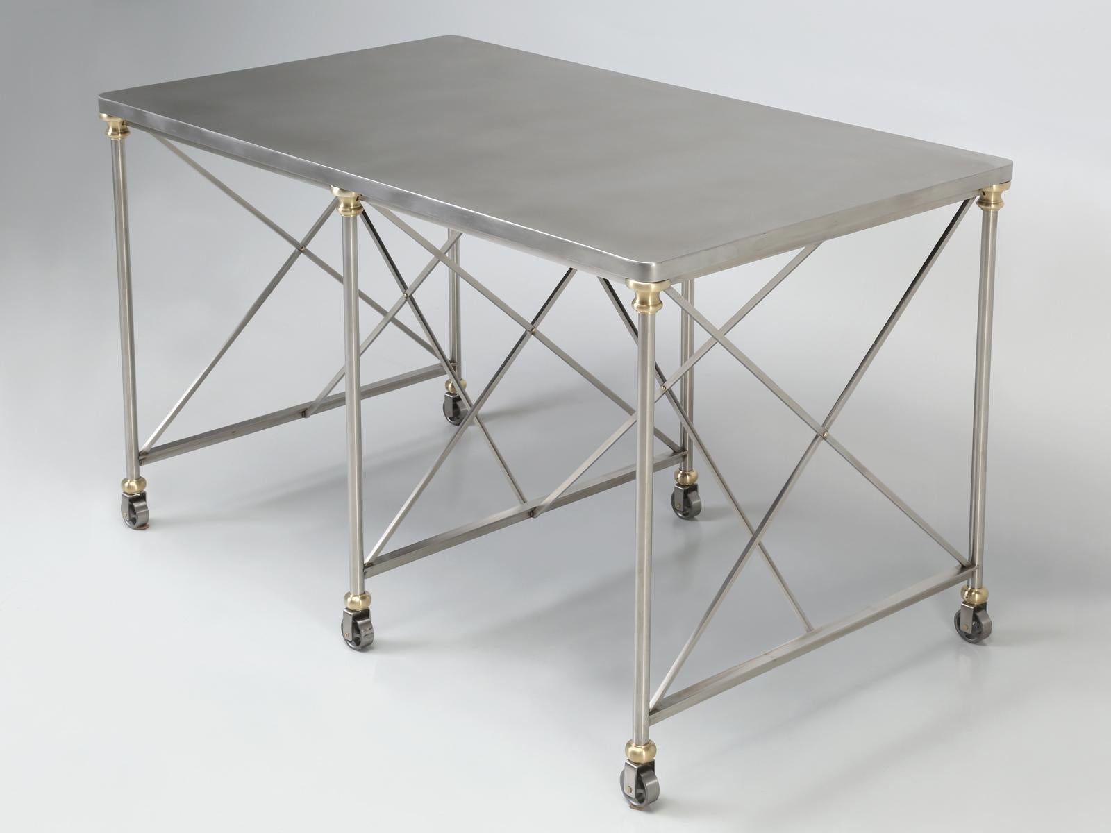 Old Plank's Stainless Steel and Bronze Kitchen Island with Carrera Marble For Sale 9