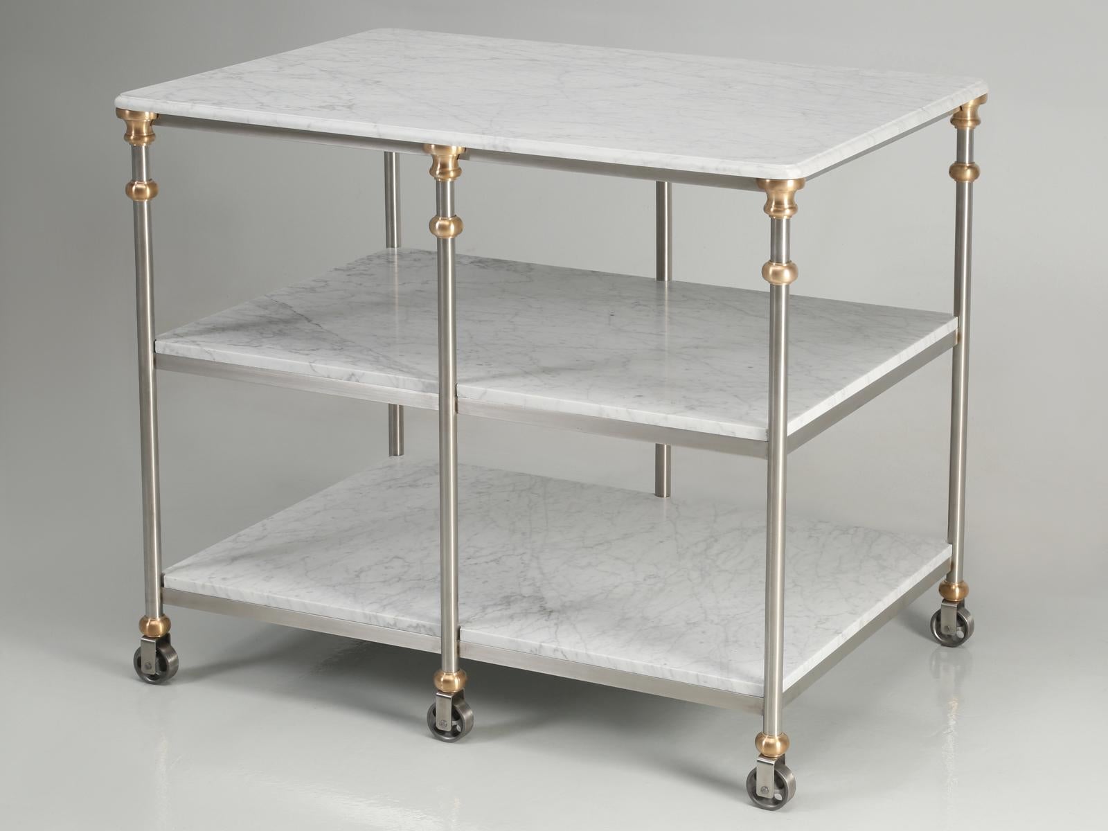 Old Plank's Stainless Steel and Bronze Kitchen Island with Carrera Marble For Sale 10