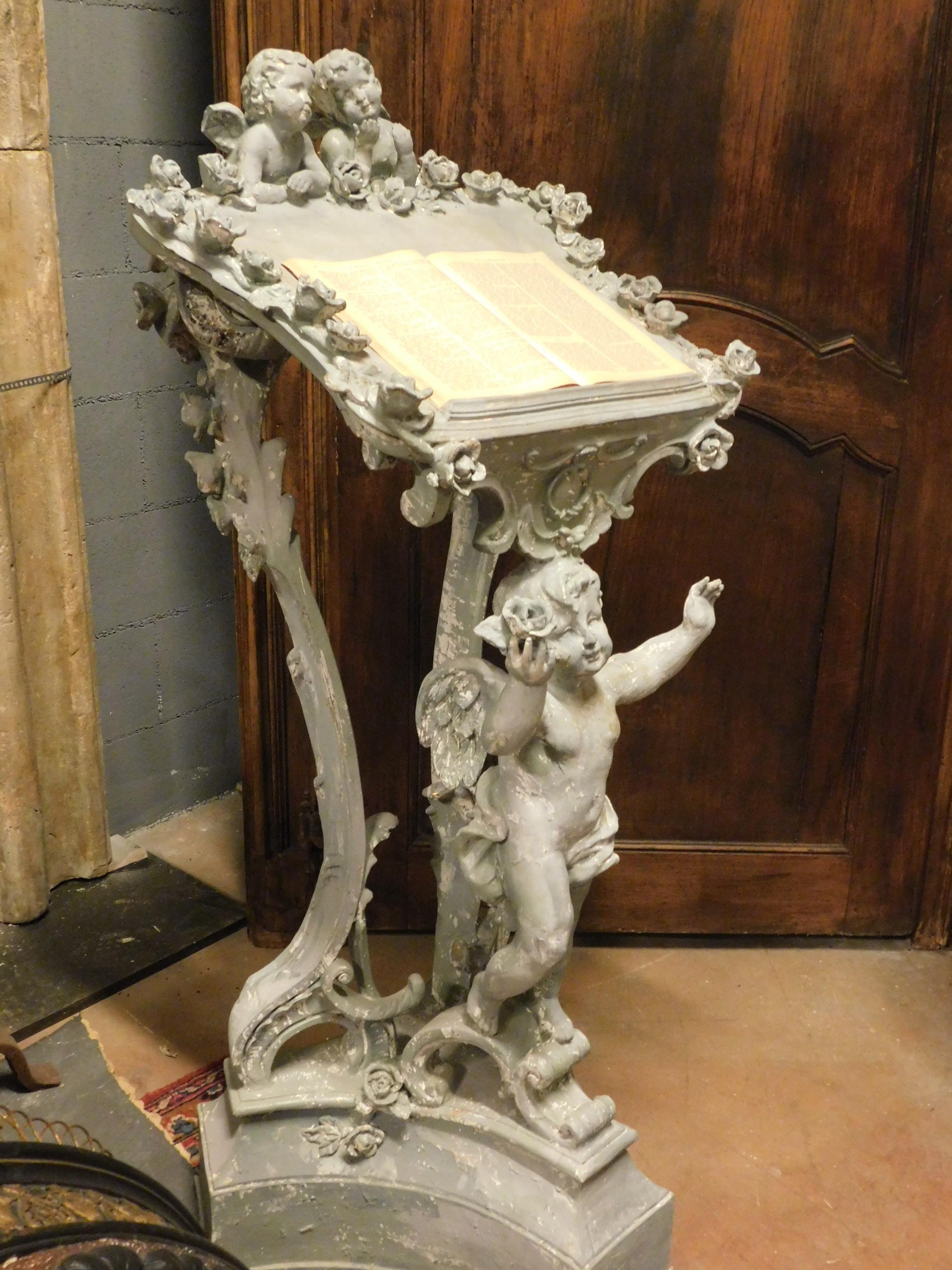 French Old Plaster Lectern, Blue Carved with Cherubs, 1900, France