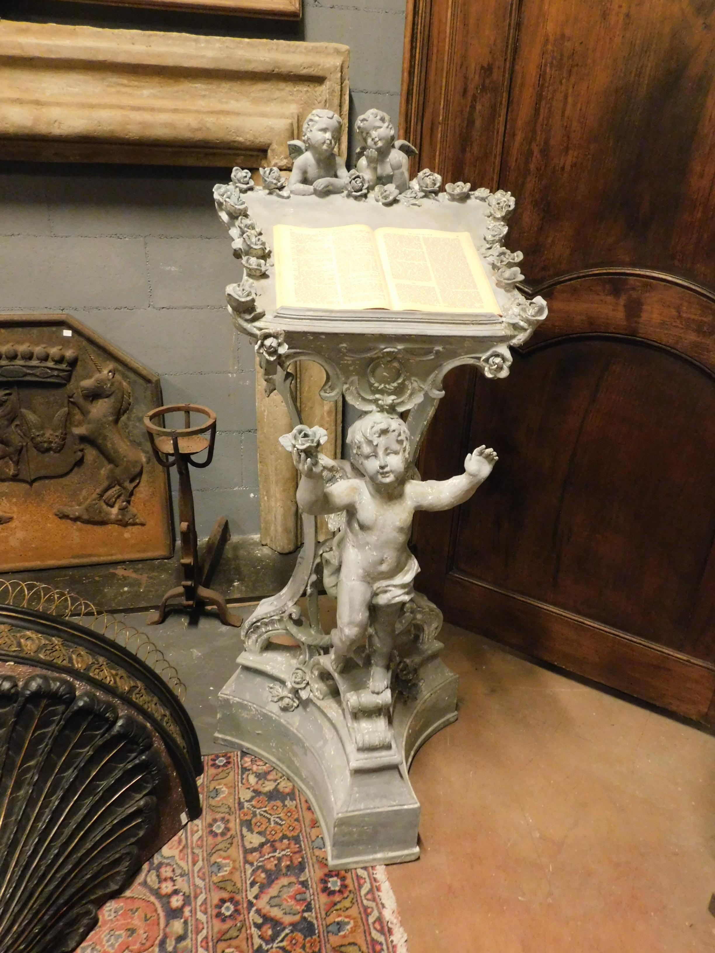 Old Plaster Lectern, Blue Carved with Cherubs, 1900, France In Good Condition In Cuneo, Italy (CN)