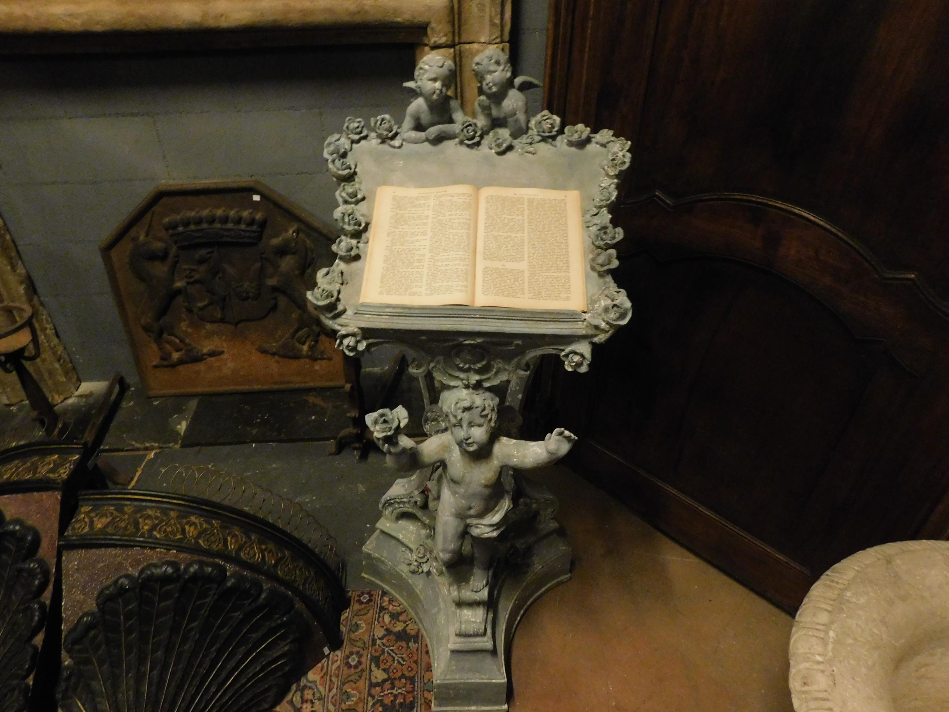 20th Century Old Plaster Lectern, Blue Carved with Cherubs, 1900, France