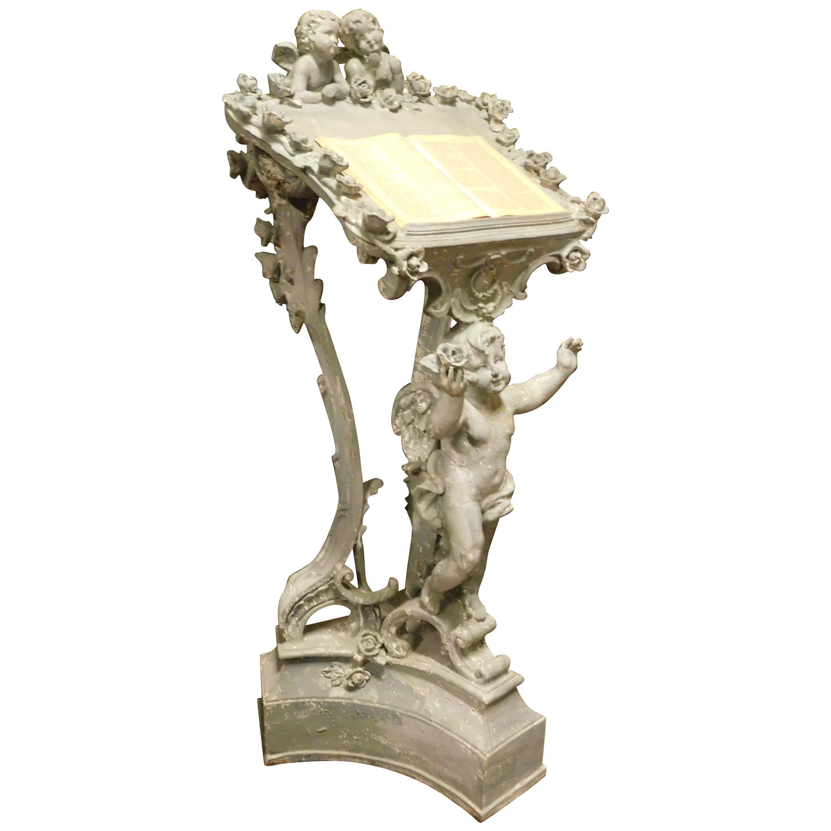 Old Plaster Lectern, Blue Carved with Cherubs, 1900, France