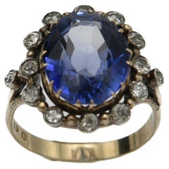 Old Polish Golden Ring with Big Synthetic Sapphire and Diamonds total 0.65ct