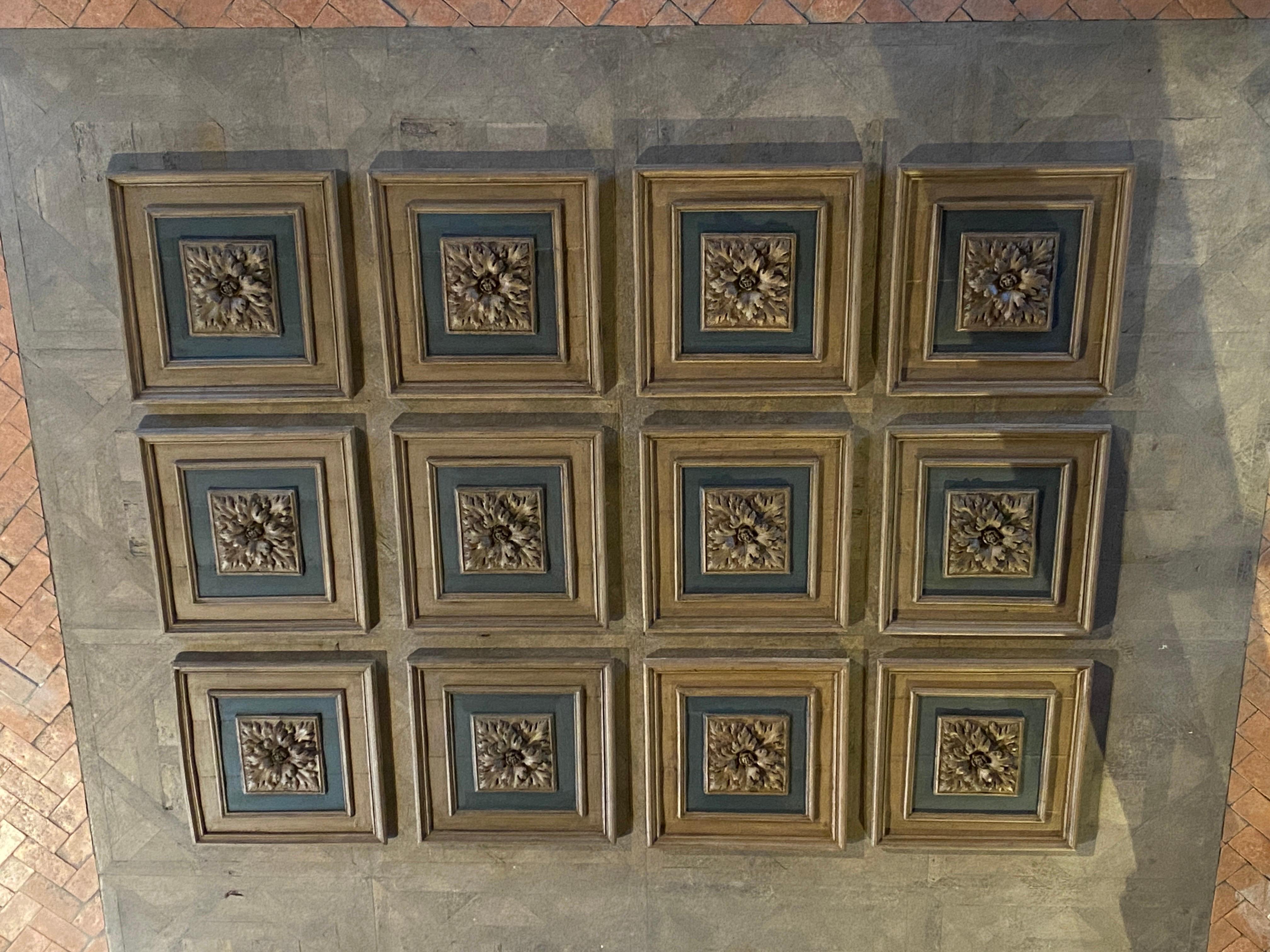 magnificent and very rare ube slabs old residence from the south of France dating from the 19th century in polychrome wood set of 12 coffered ceiling tiles in polychrome woodwork with plaster rosette in perfect condition the slabs measure 70 cmx 74