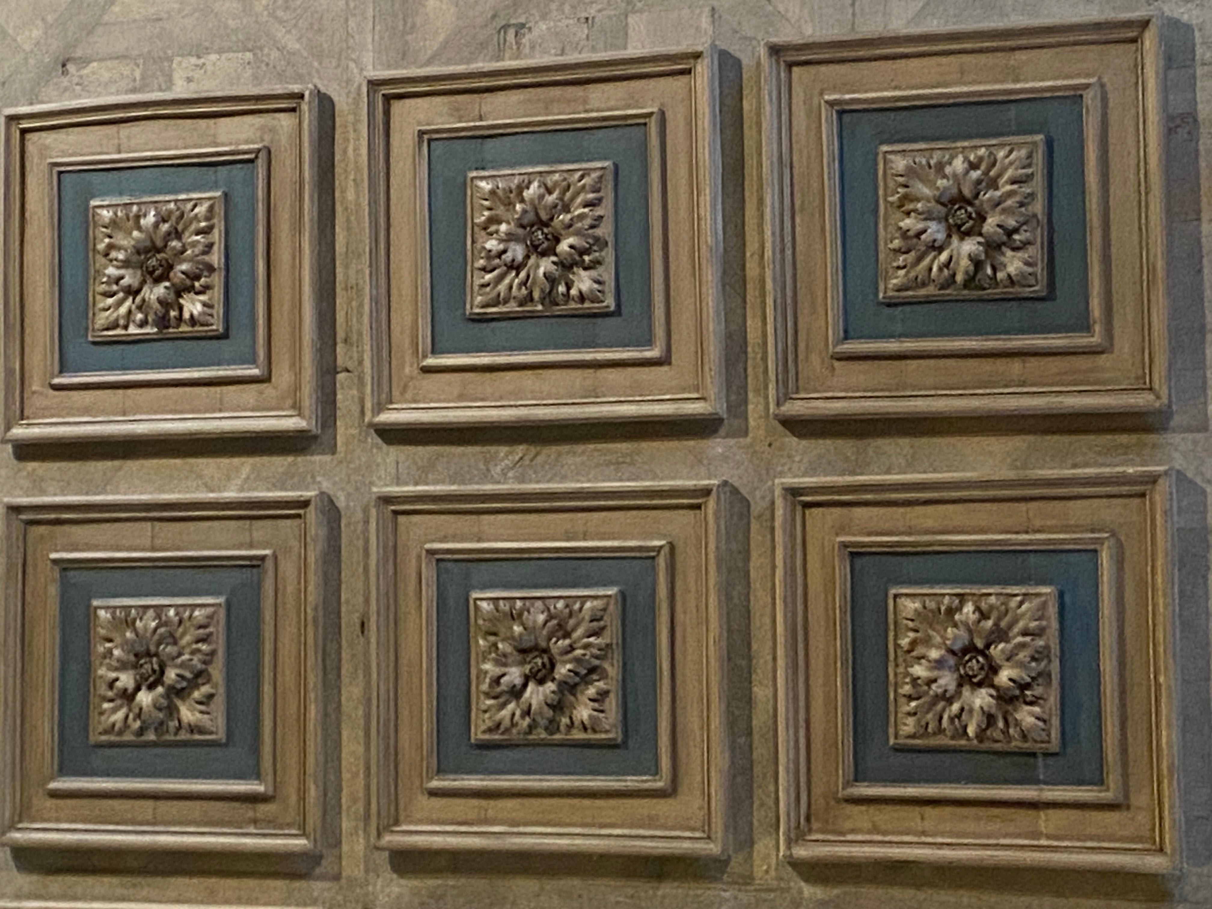 Louis XIV old polychrome wooden coffered ceiling tiles dating from the 19th century For Sale