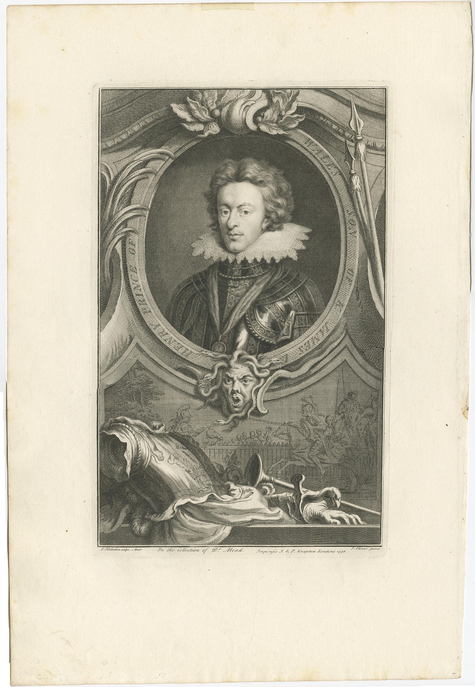 Antique portrait titled 'Henry, Prince of Wales, Son of K. James I'. 

Old portrait of Henry Frederick. Henry Frederick, Prince of Wales (1594-1612) was the elder son of James VI and I, King of England and Scotland, and his wife, Anne of Denmark.
