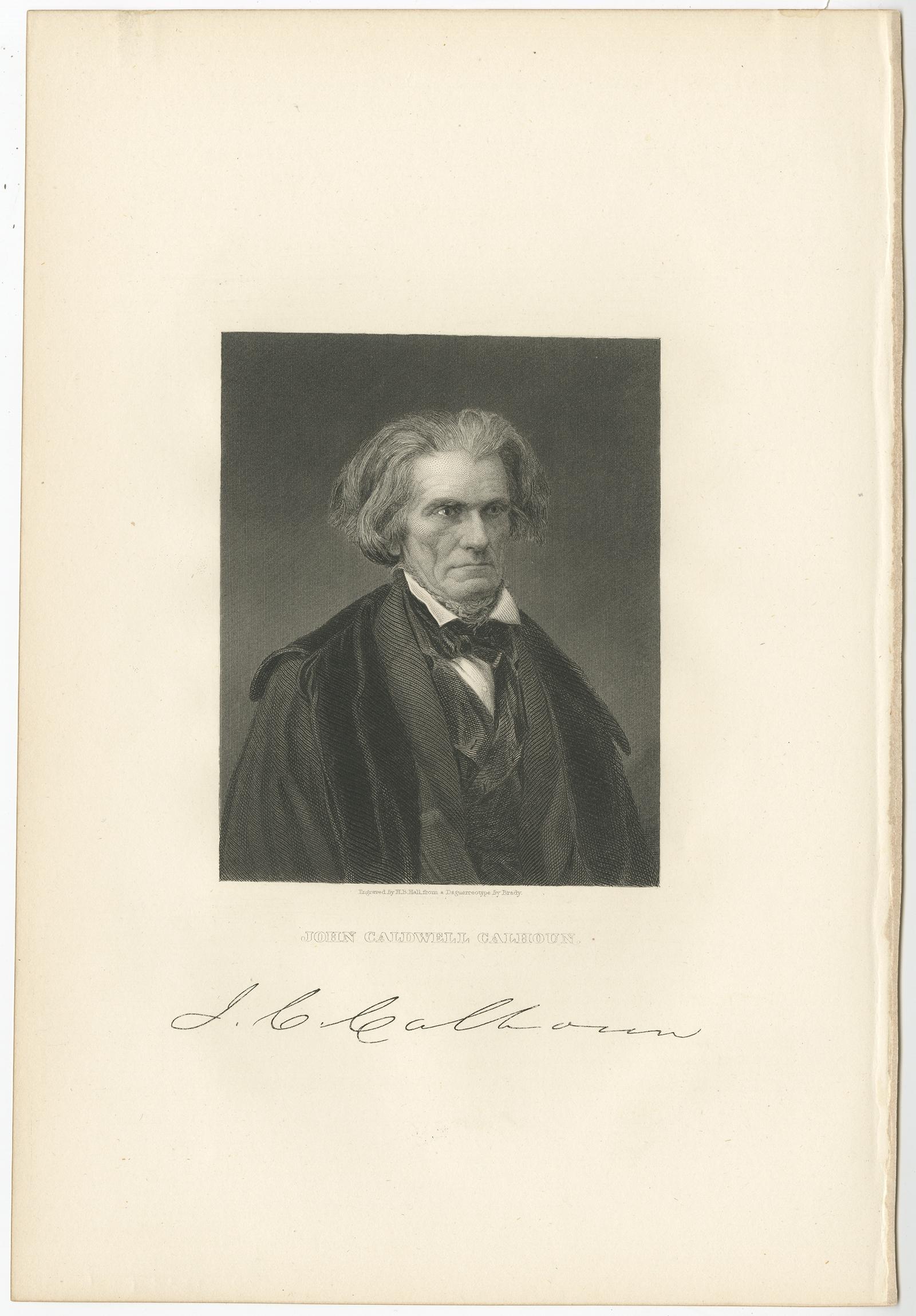 Antique print titled 'John Caldwell Calhoun'. 

Old portrait of John C. Calhoun. John Caldwell Calhoun was an American statesman from the Democratic party and political theorist from South Carolina who served as the seventh vice president of the