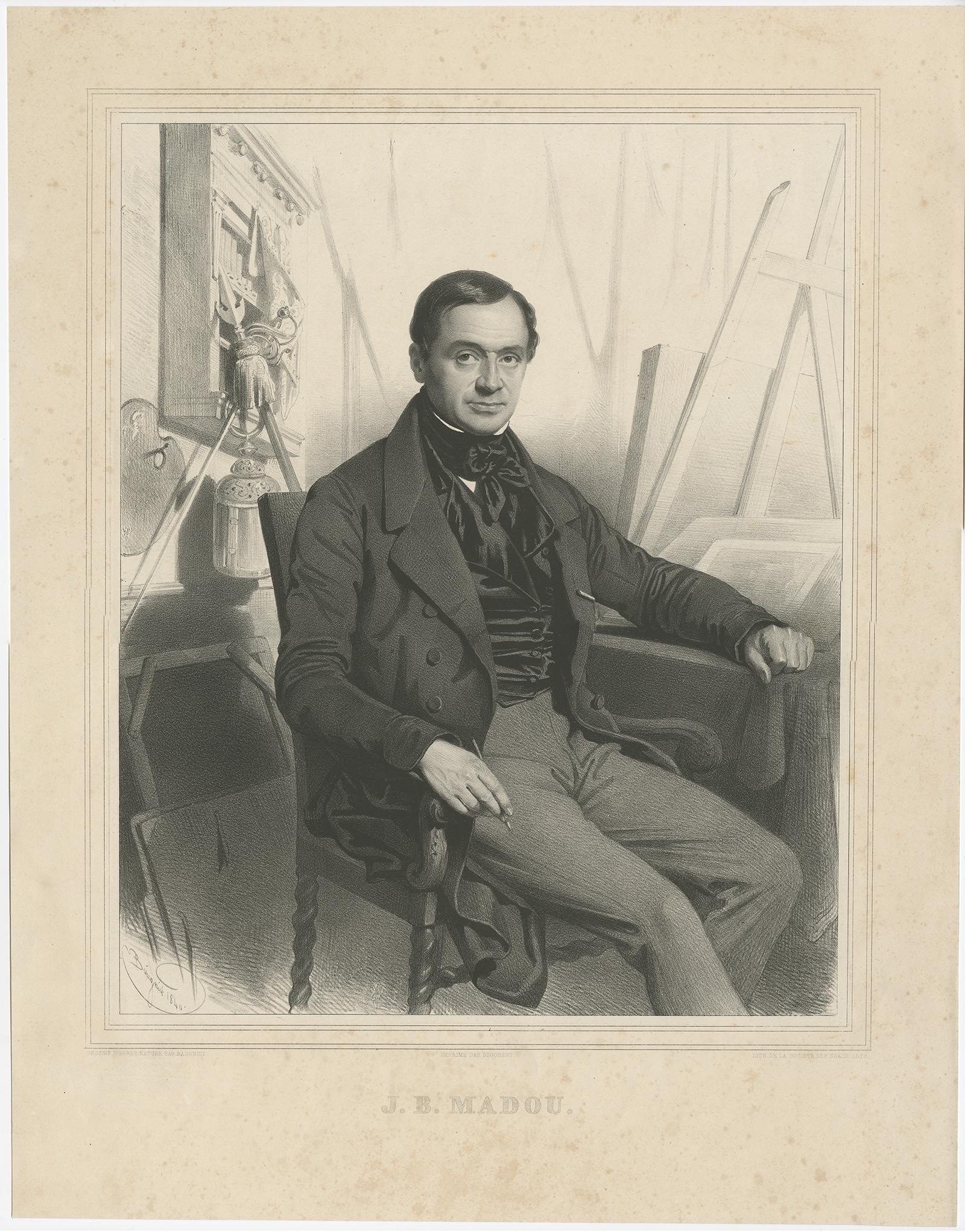 Antique portrait titled 'J.B. Madou'. 

A half-length seated portrait of Jean Baptiste Madou. Jean Baptiste Madou (1796-1877) was a Belgian painter, etcher and renowned pioneer lithographer. This print originates from 'Scènes de la Vie des