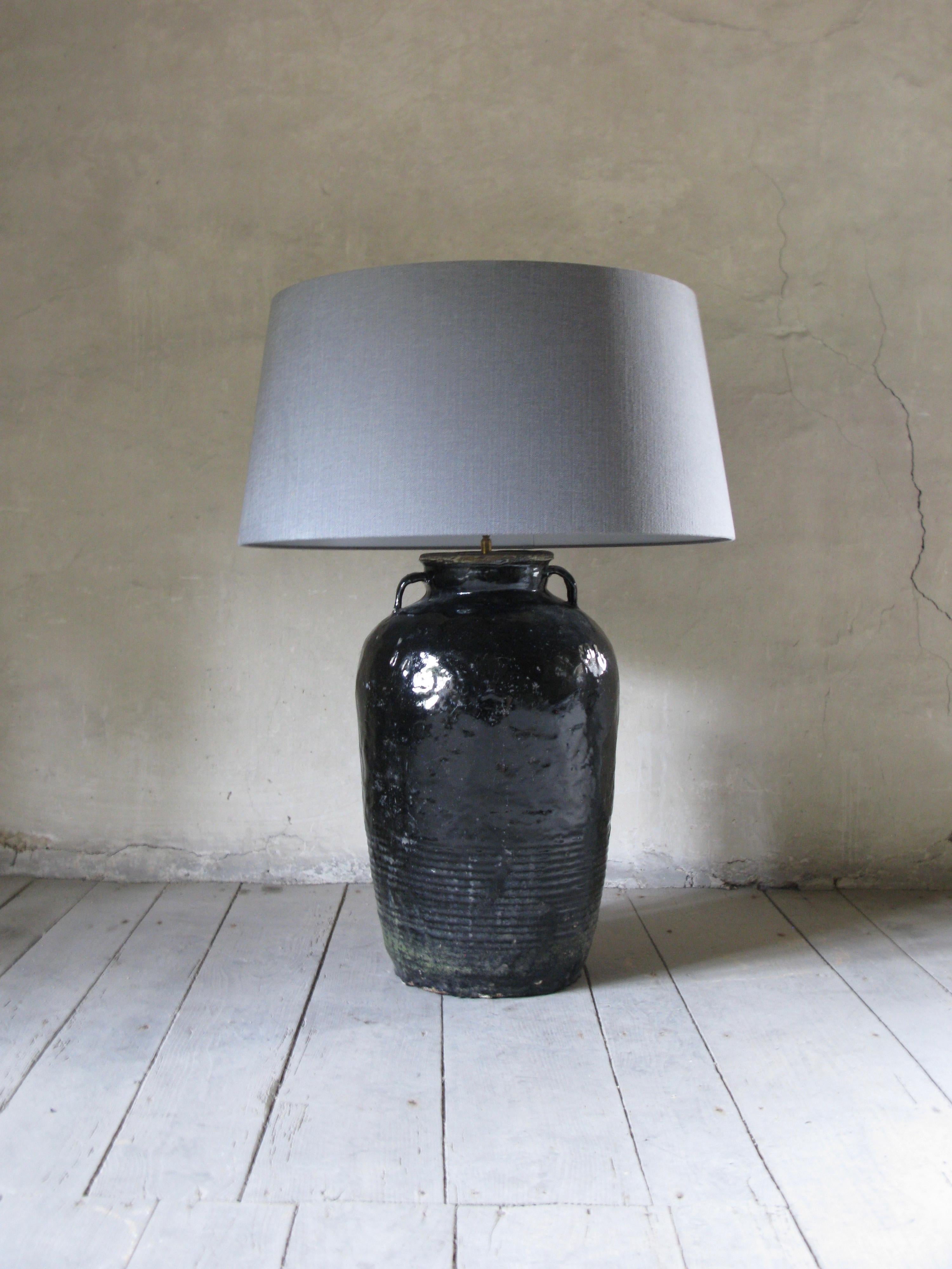 Organic Modern Old Pot, Lamp, Lamp with Linen Shade, Black Glazed Lamp Antique Lamp For Sale