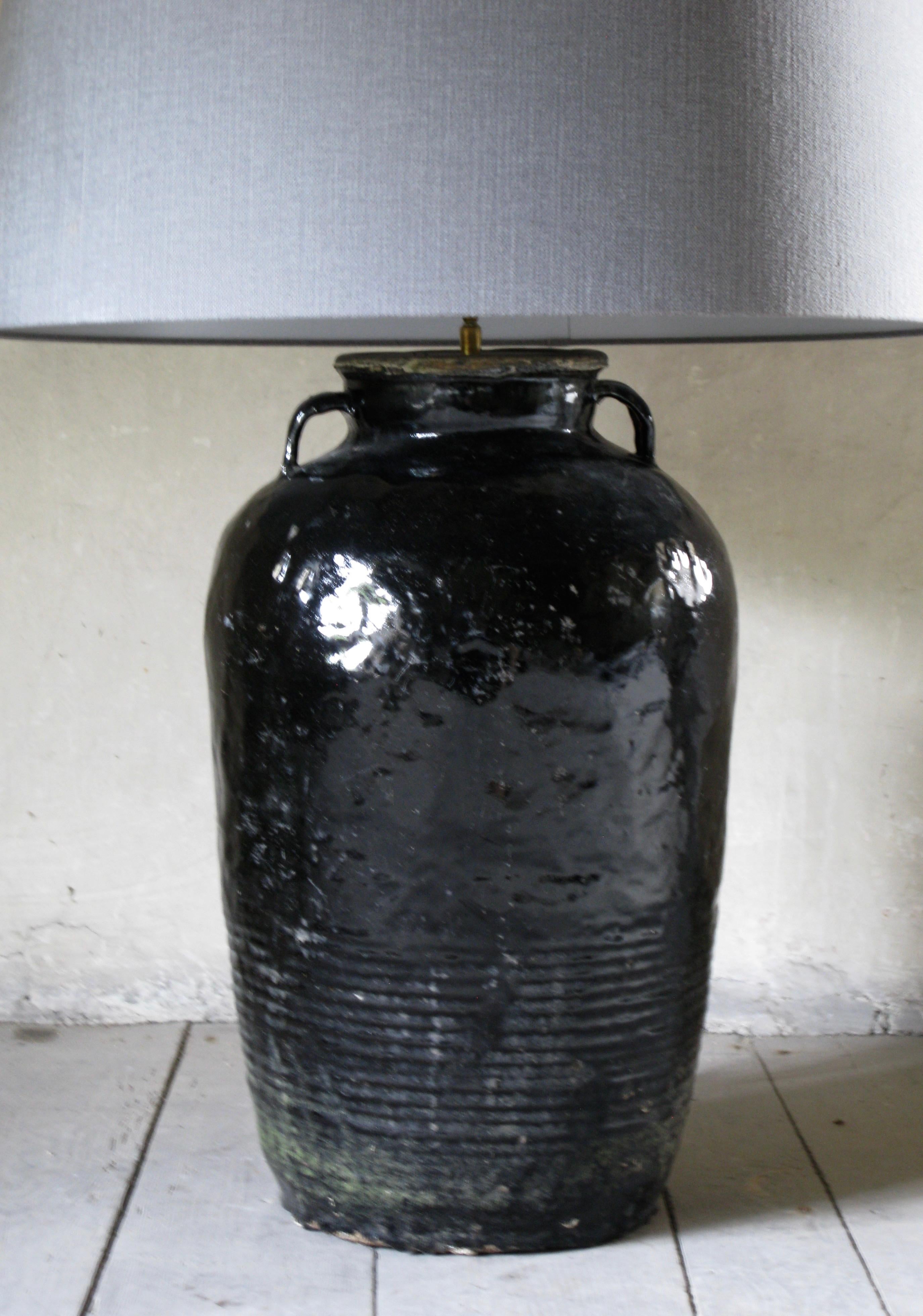 Asian Old Pot, Lamp, Lamp with Linen Shade, Black Glazed Lamp Antique Lamp For Sale