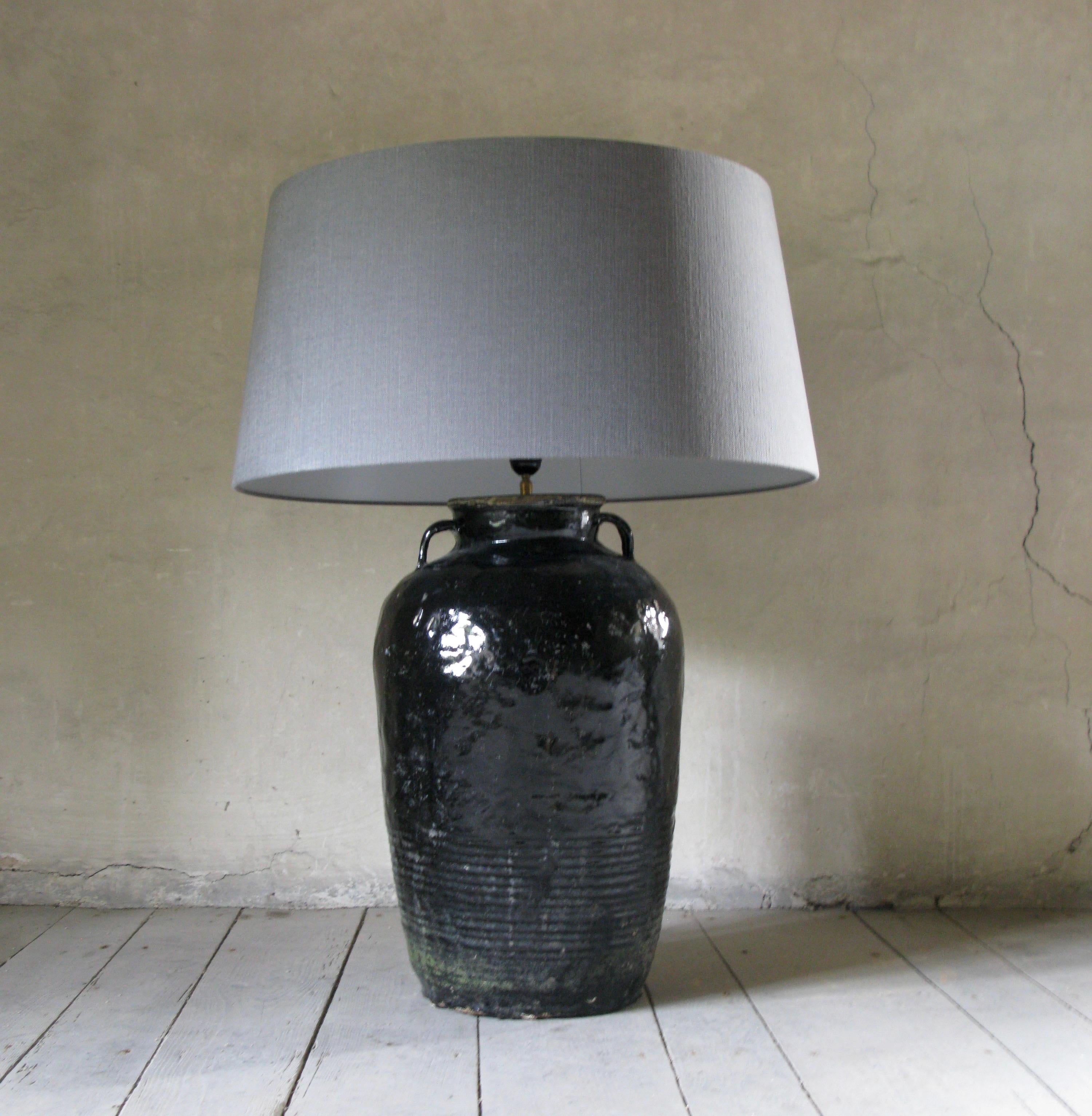 Old Pot, Lamp, Lamp with Linen Shade, Black Glazed Lamp Antique Lamp In Good Condition For Sale In South Cotswolds, GB