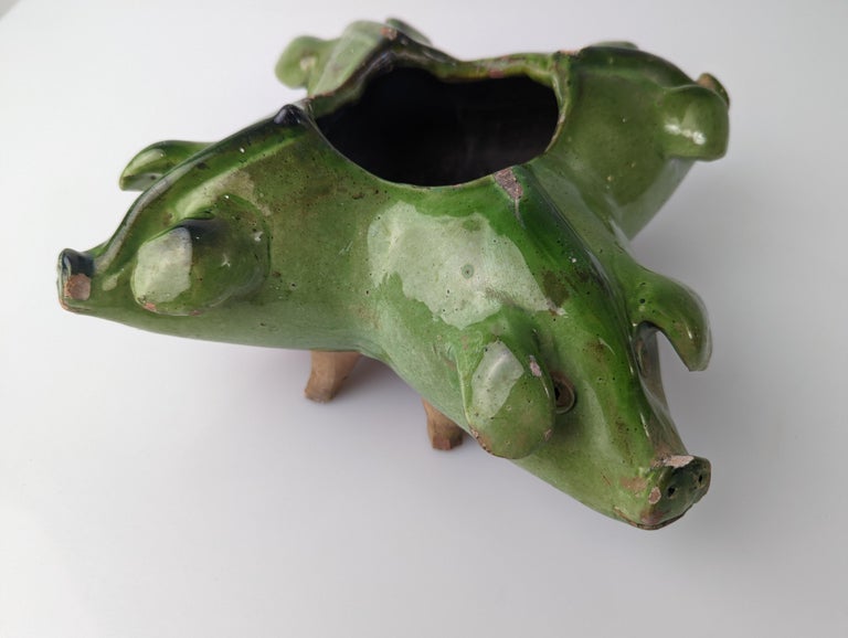 European Old Pottery Glazed Pigs Center For Sale