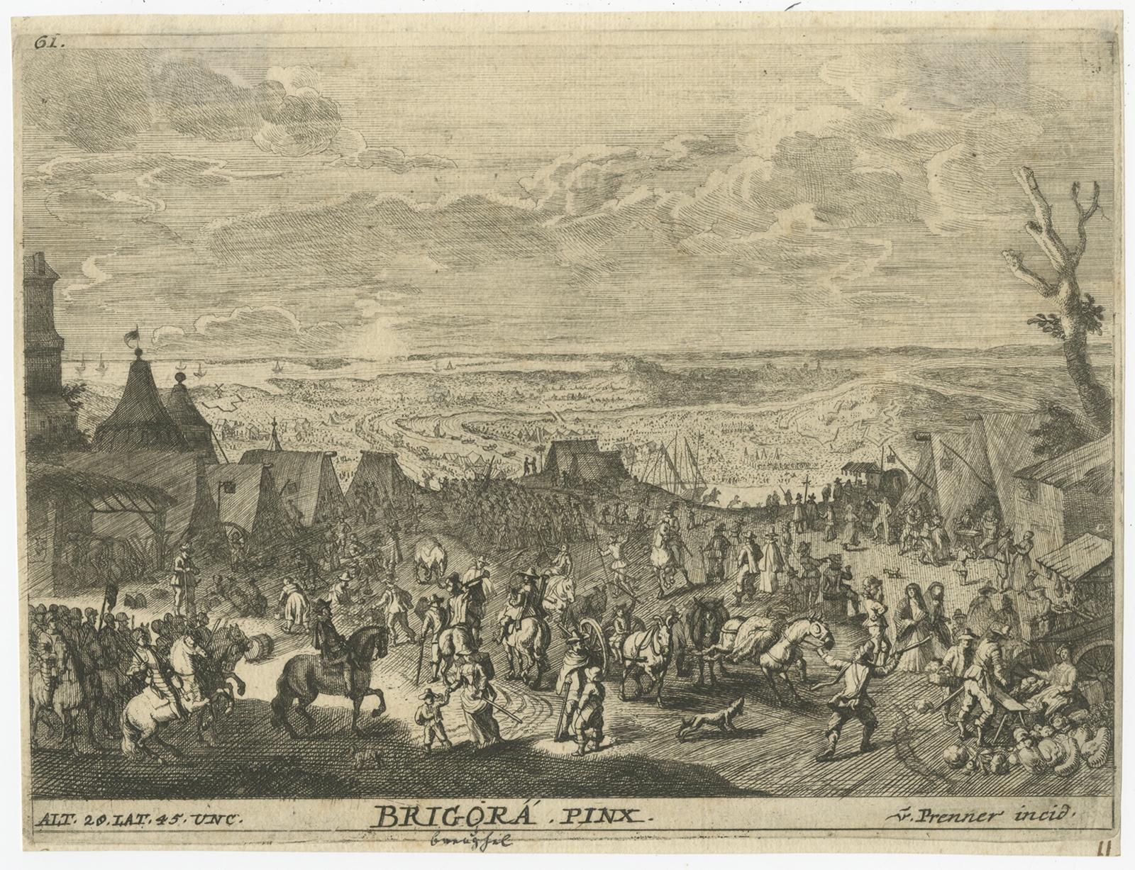 Antique print titled 'Brigora'. 

Original antique print of a landscape with military encampment. This print originates from 'Theatrum Artis Pictoriae' published between 1728 and 1733. This work contains a series of prints after paintings in the