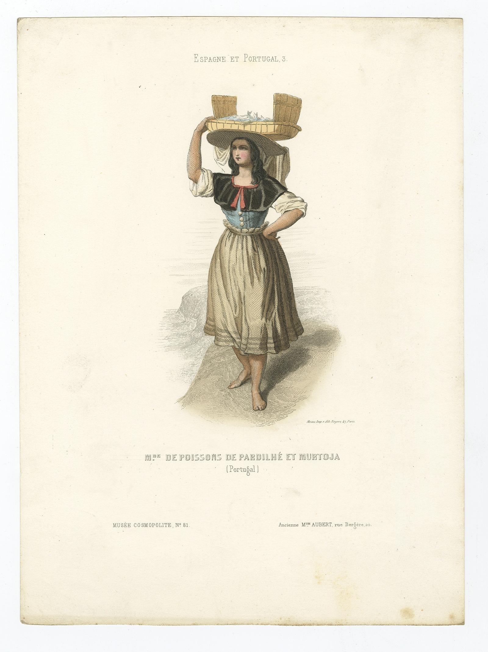 Antique costume print titled 'Madame de Poissons de Pardilhé et Murtoja (Portugal)'. Old print depicting a fisherman's wife from Pardilhó, Portugal. This print originates from 'Costumes Moderne (Musée de Costumes). 

Artists and Engravers: