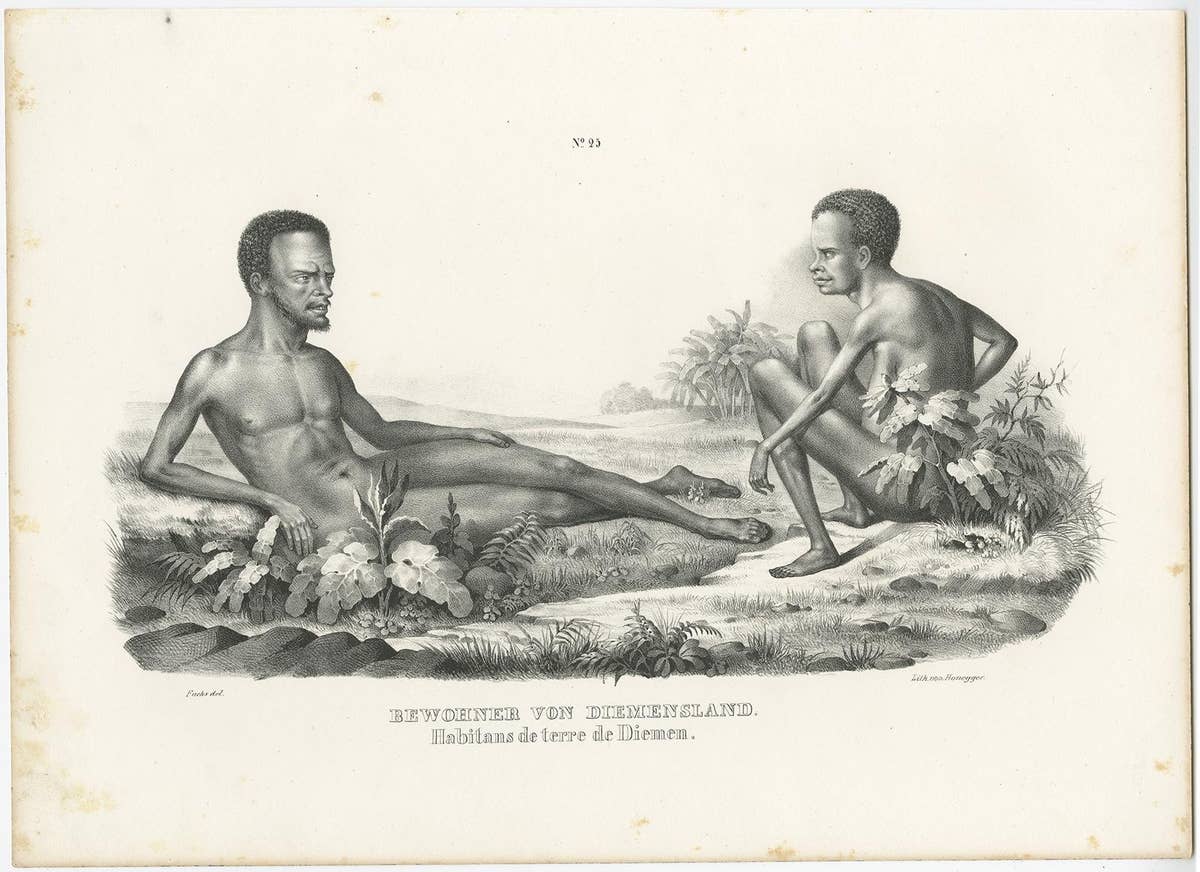 Old Print Depicting Inhabitants of Van Diemen's Land, Tasmania, Australia, c1845