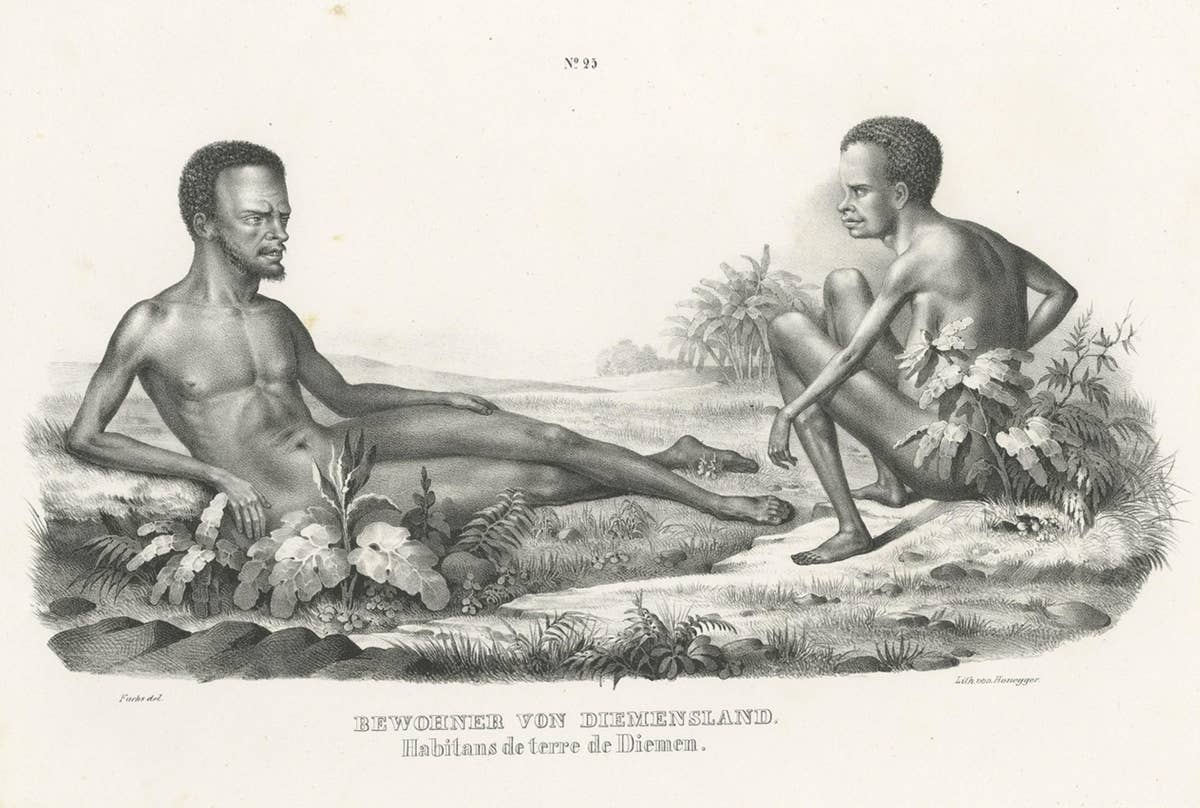 Old Print Depicting Inhabitants of Van Diemen's Land, Tasmania, Australia, c1845