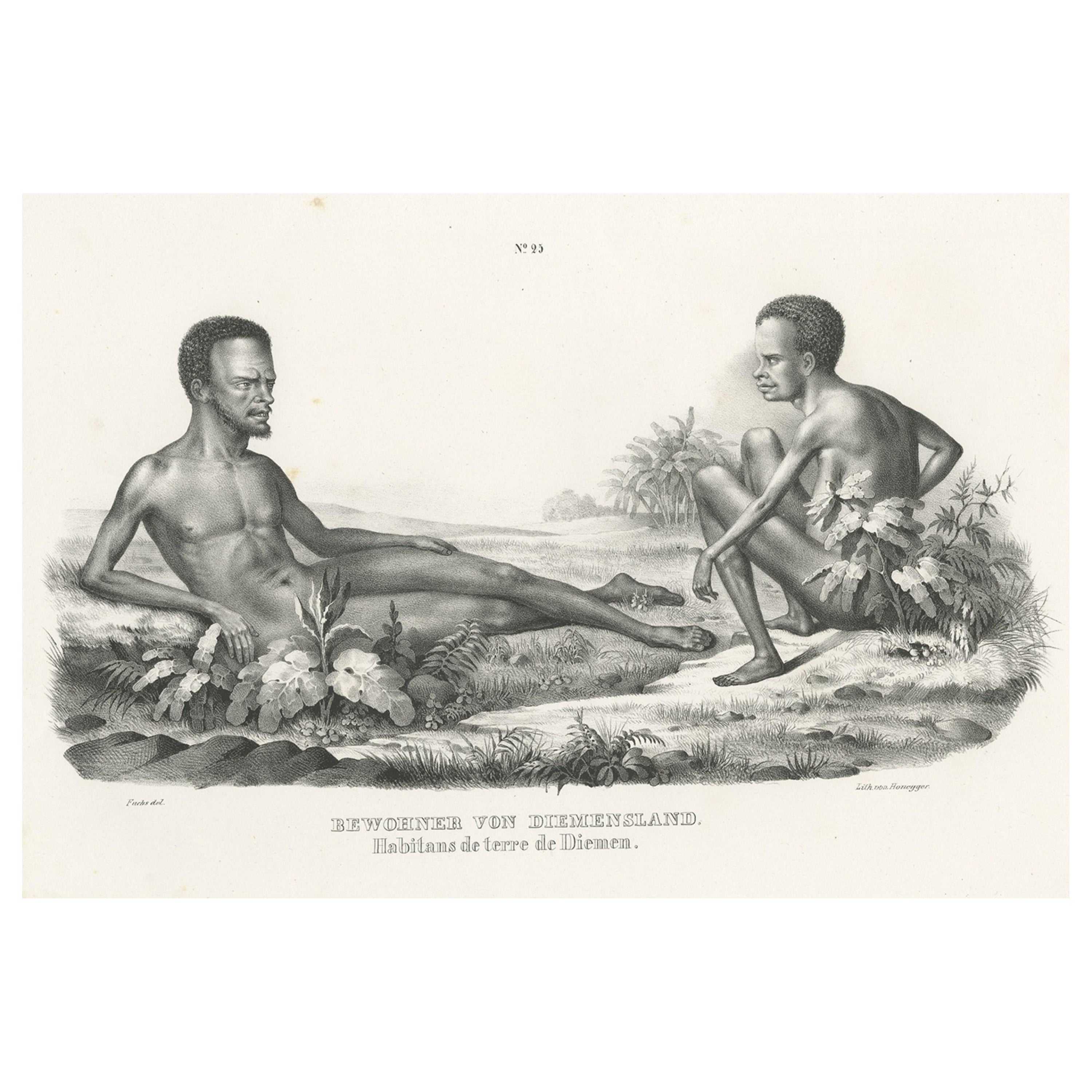Old Print mit Darstellung der Bewohner von Van Diemen's Land, Tasmania, Australien, um 1845 im Angebot