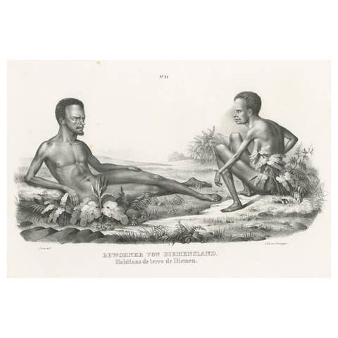 Old Print Depicting Inhabitants of Van Diemen's Land, Tasmania, Australia, c1845