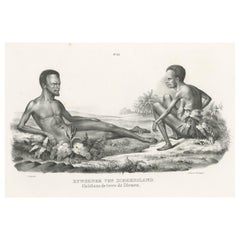 Old Print Depicting Inhabitants of Van Diemen's Land, Tasmania, Australia, c1845