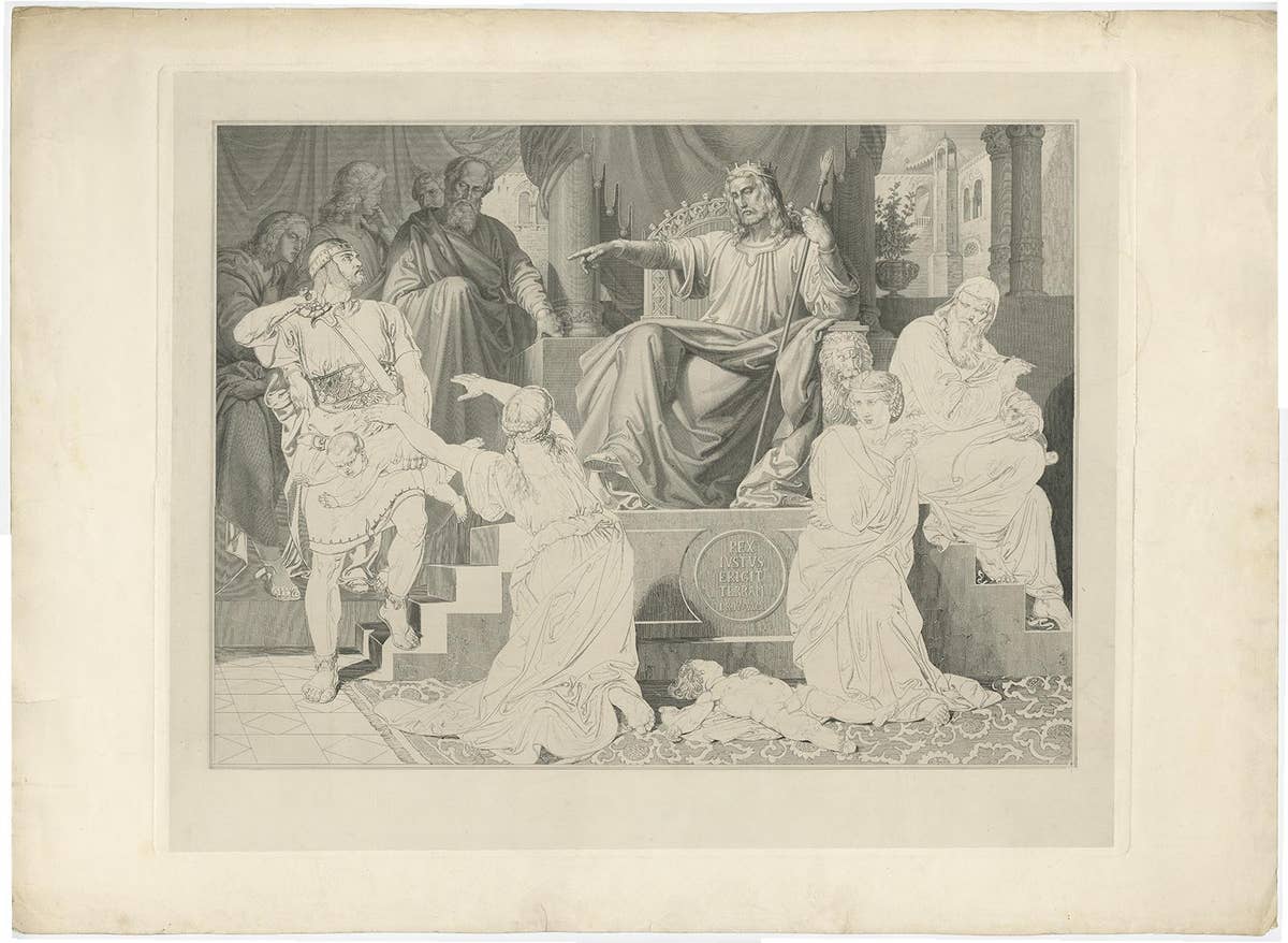 Old Print Depicting the Judgement of Solomon, Story of the Hebrew Bible, c.1890