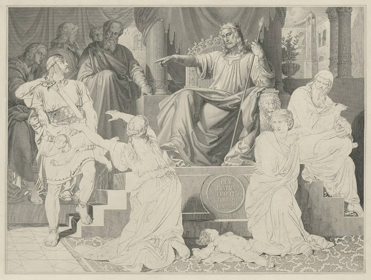 Old Print Depicting the Judgement of Solomon, Story of the Hebrew Bible, c.1890