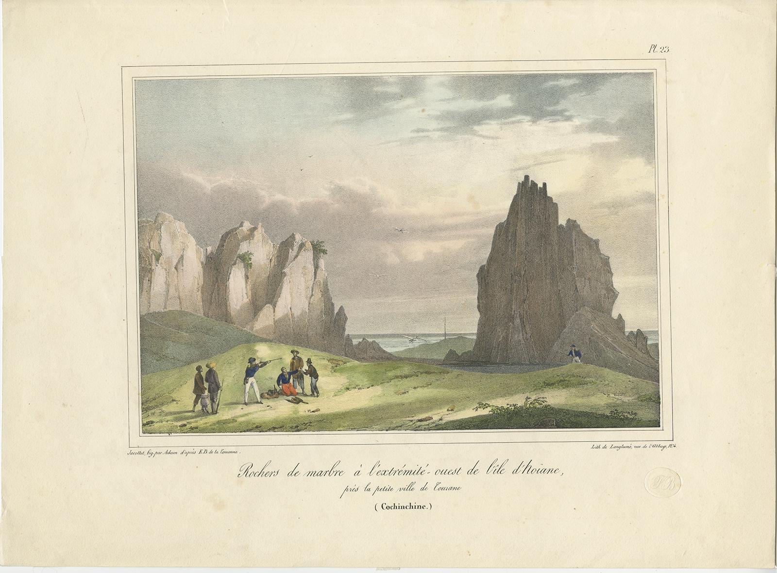 Description: Antique print Vietnam titled 'Rochers de marbre à l'extrémité ouest de l'Ile d'Hoïane, près de la petite ville de Tourane en Cochinchine'. 

Old print depicting the marble mountain rock of Hoi An, Vietnam. Source unknown, to be