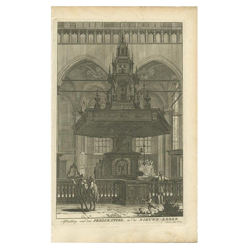 Stampa antica raffigurante il pulpito del predicatore di una chiesa di Amsterdam, 1765