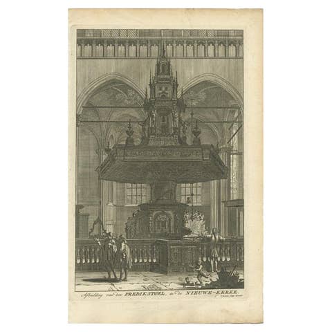 Old Print Depicting the Preacher's Pulpit of a Church in Amsterdam, 1765