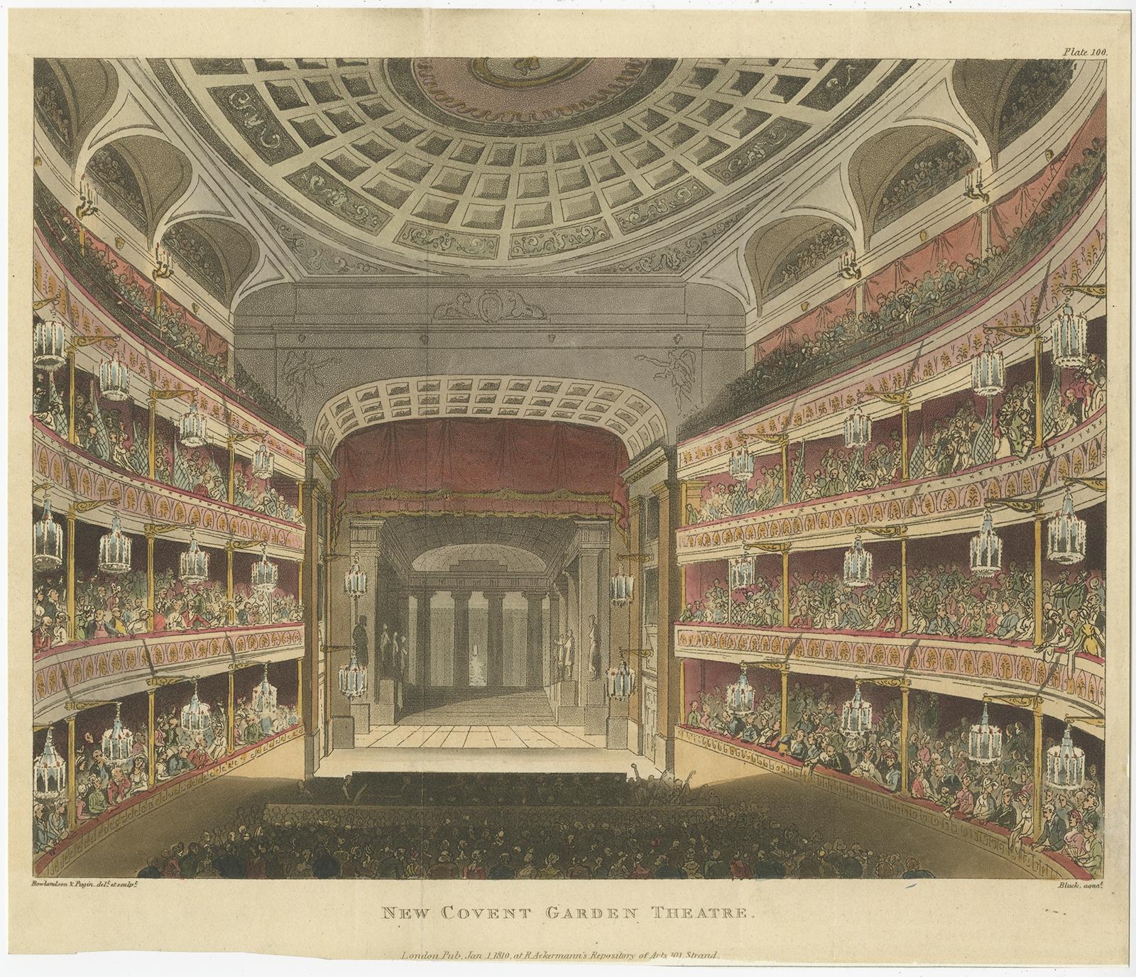 Antique print titled 'New Covent Garden Theatre'. 

Old print depicting the Theatre Royal (or Royal Opera House), Covent Garden. Published in Ackermann's 'Microcosm of London'.

Artists and Engravers: Published by R.
