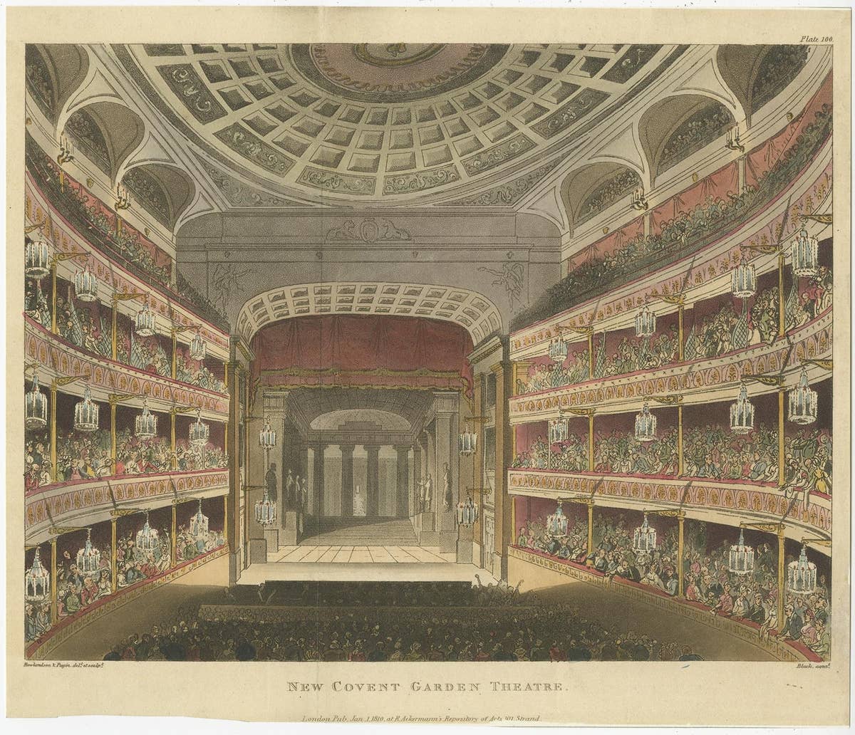 Old Print Depicting the Royal Opera House, Covent Garden, London, 1810