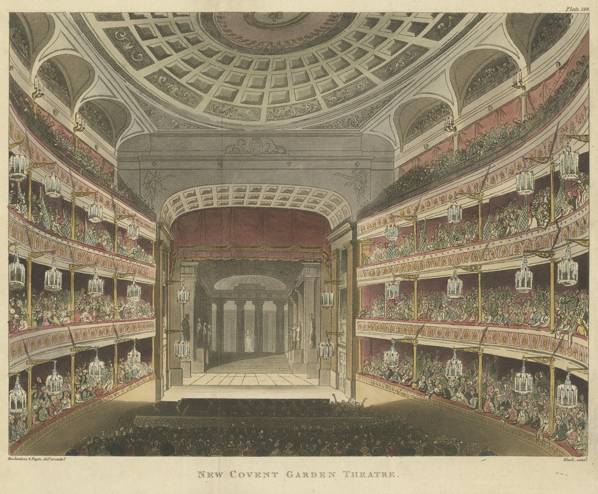 Grabado antiguo que representa la Royal Opera House, Covent Garden, Londres, 1810 en Bueno estado para la venta en Langweer, NL