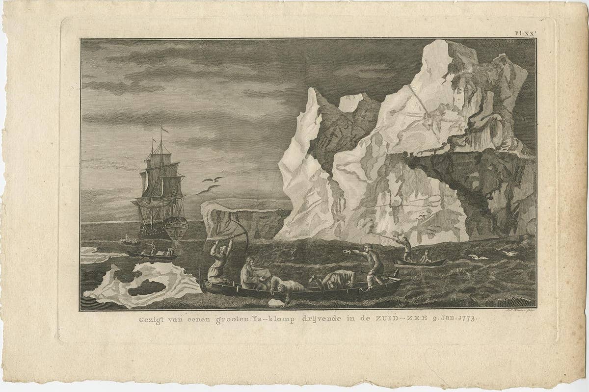 Old Print from Capt. Cooks Travels with Boats and a Ship in the South Sea, 1803