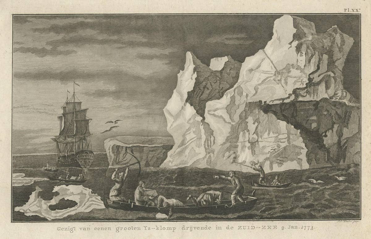 Old Print from Capt. Cooks Travels with Boats and a Ship in the South Sea, 1803