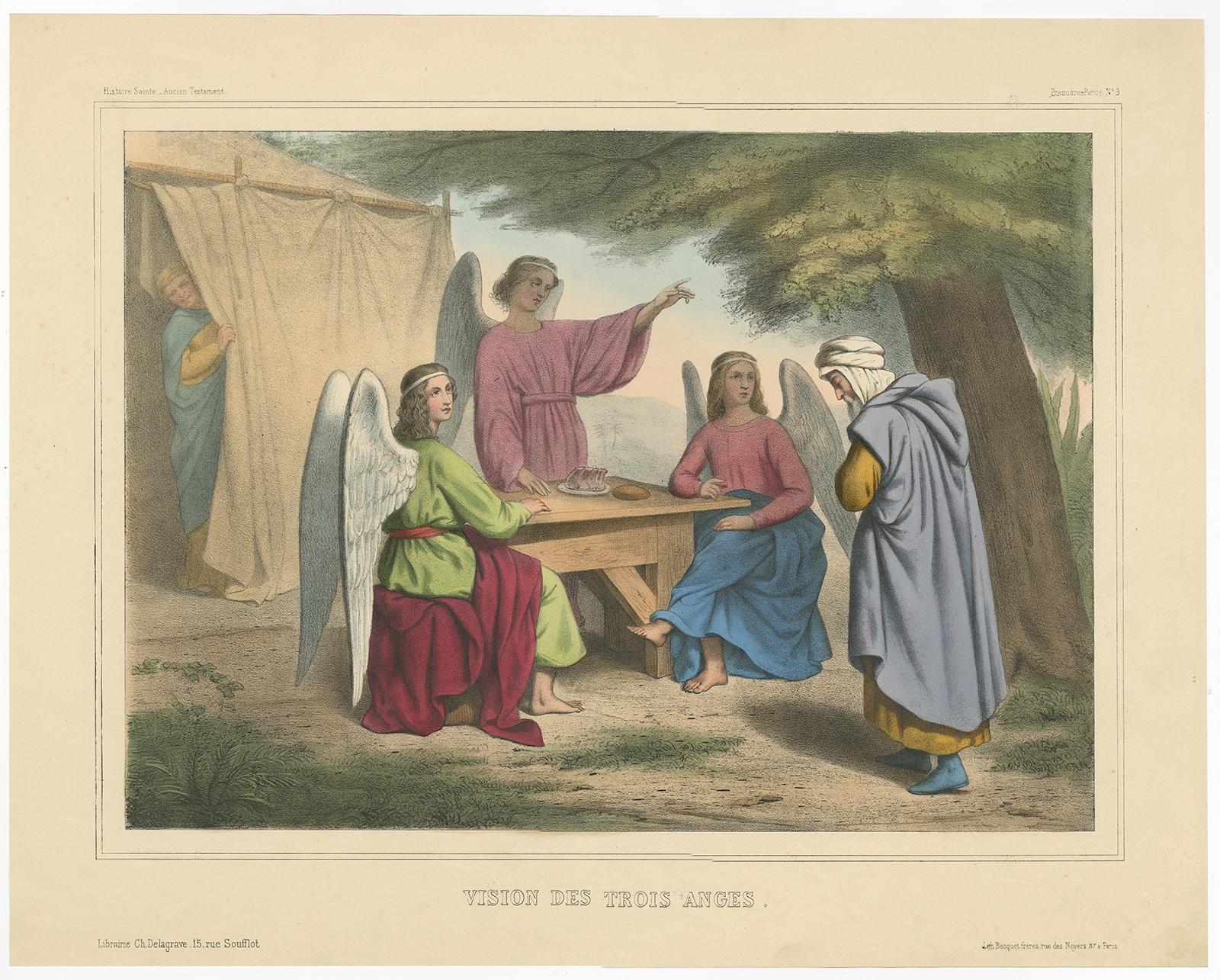 Antique print, titled: 'Histoire Sainte. - Ancien Testament. Vision des trois Anges' - This plate shows a scene from the Old Testament; The vision of the three Angels.

From a Rare set of 60 plates showing scenes from the Old Testament of the