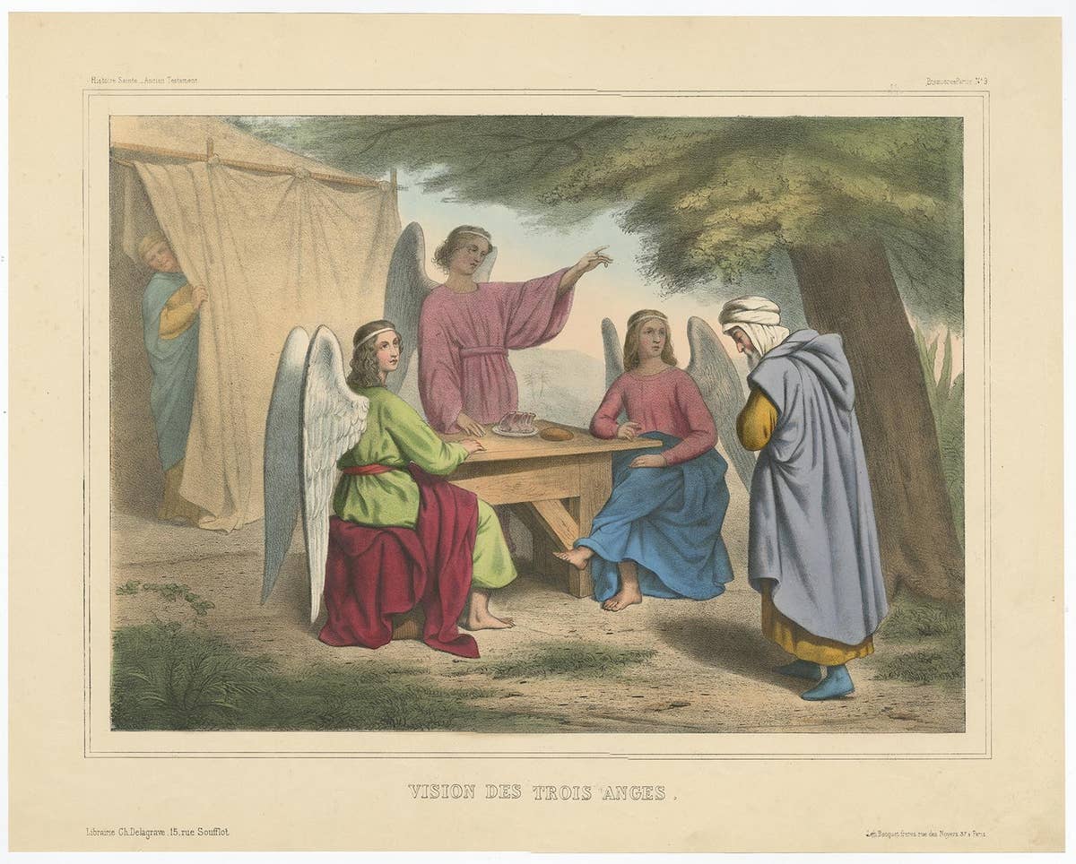Old Print from the Old Testament the Vision of the Three Angels, ca.1840