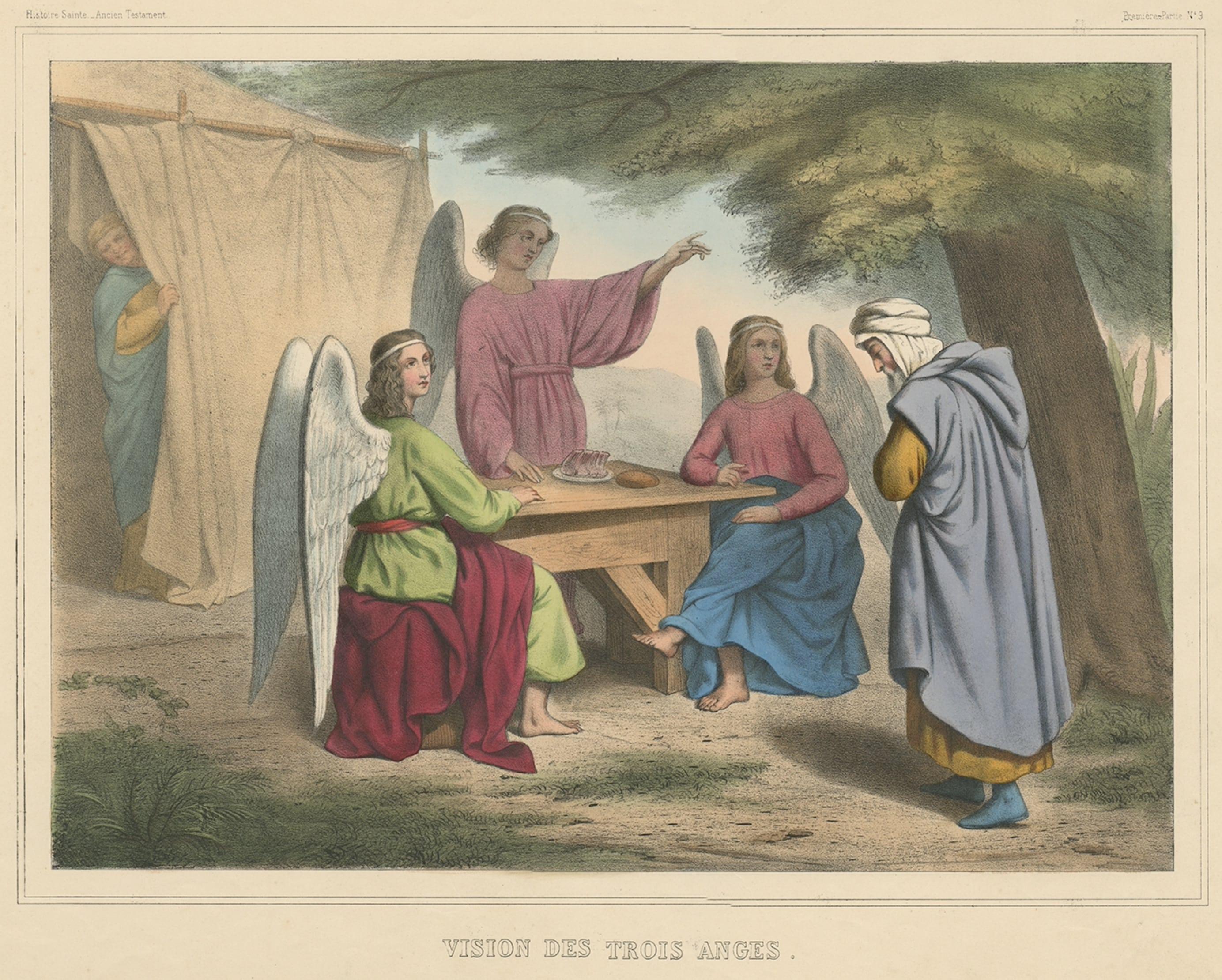 Ancienne estampe du Vieux Testament La Vision des Trois Anges, vers 1840 Bon état - En vente à Langweer, NL