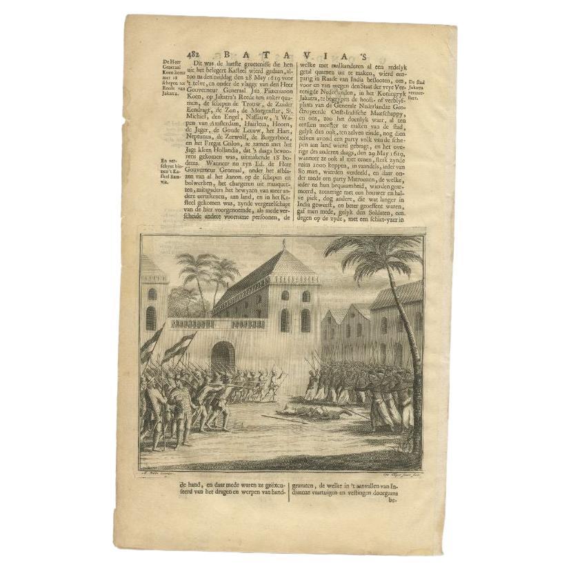 Old Print einer Schlacht in der Nähe des Schlosses Batavia in Niederländisch-Ostindien, 1726