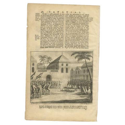 Old Print of a Battle near the Castle of Batavia in the Dutch East Indies, 1726