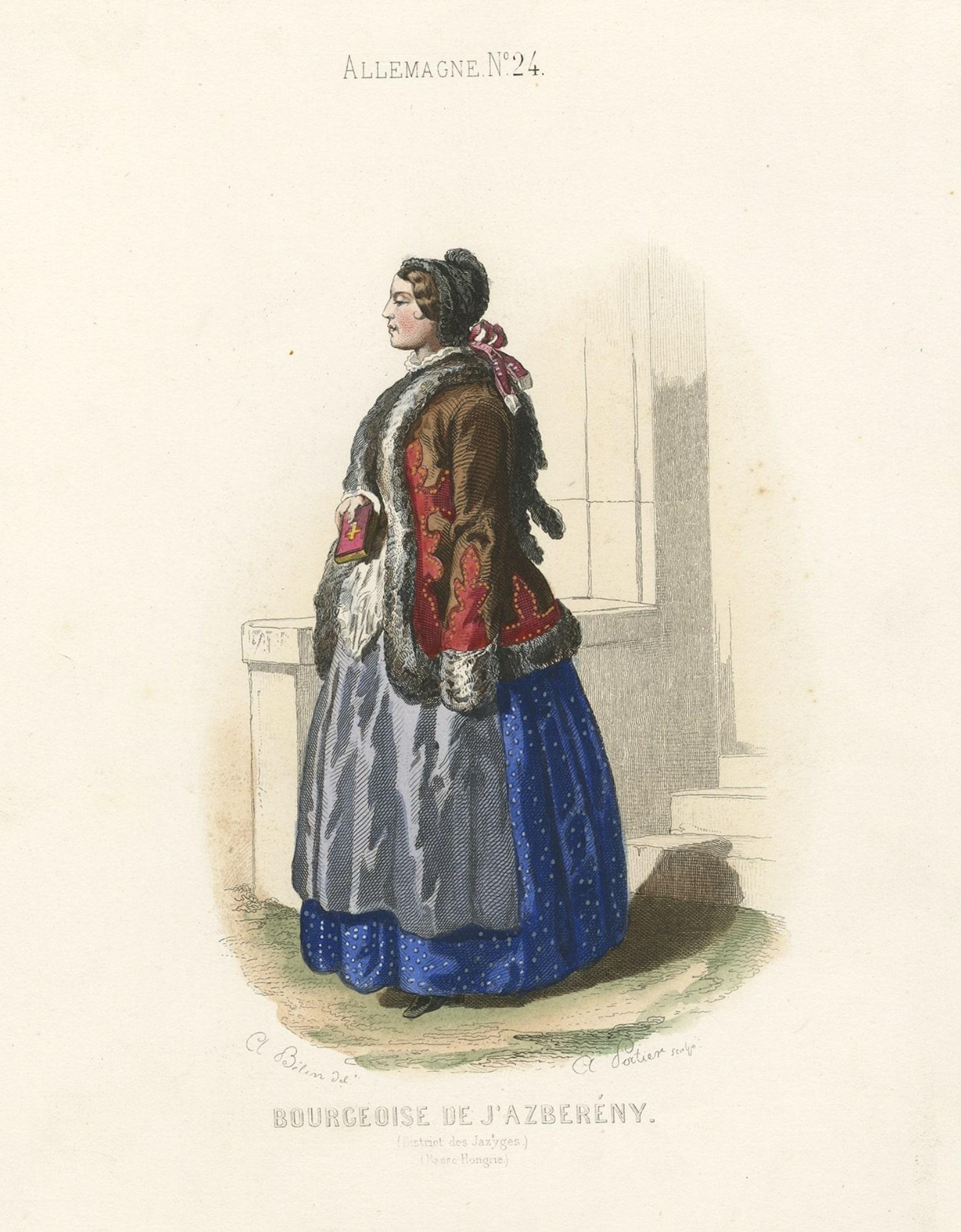 Old Print of a Bourgeoise in Folk Costume from Jászsági, Lower Hungary, 1850 In Good Condition For Sale In Langweer, NL