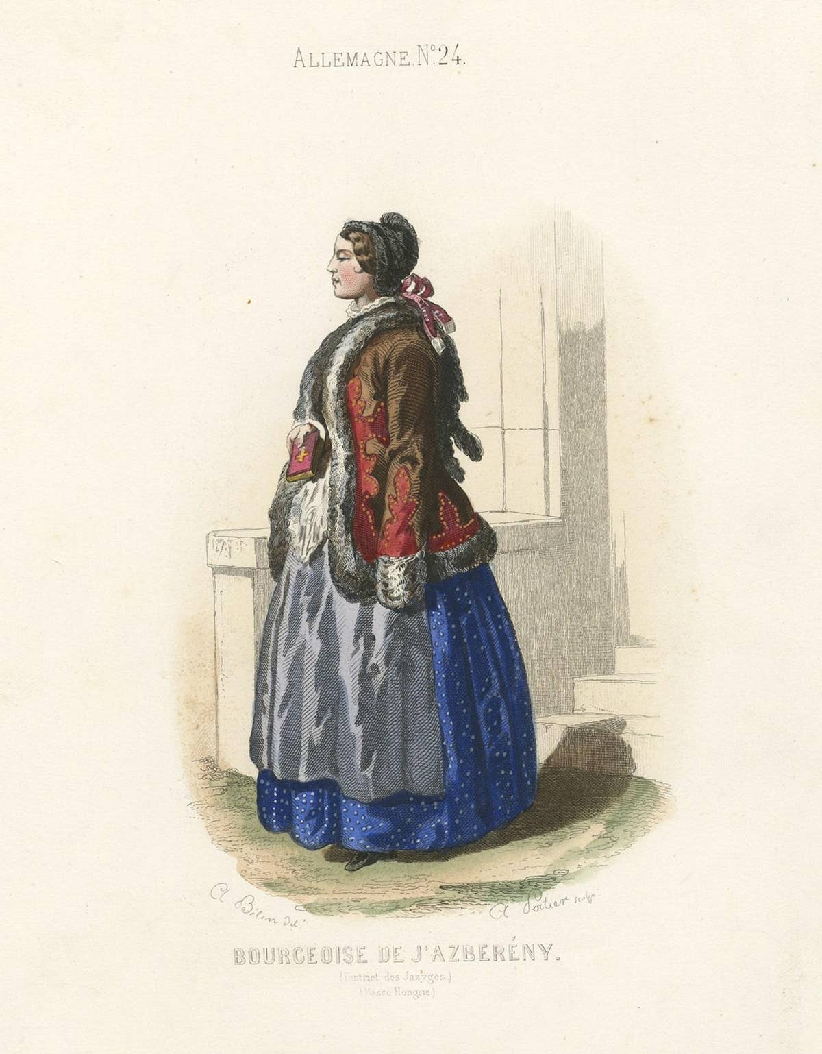 Old Print of a Bourgeoise in Folk Costume from Jászsági, Lower Hungary, 1850