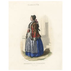 Ancienne estampe d'une Bourgeoise en costume folklorique de Jszsgi, Hongrie du bas, 1850