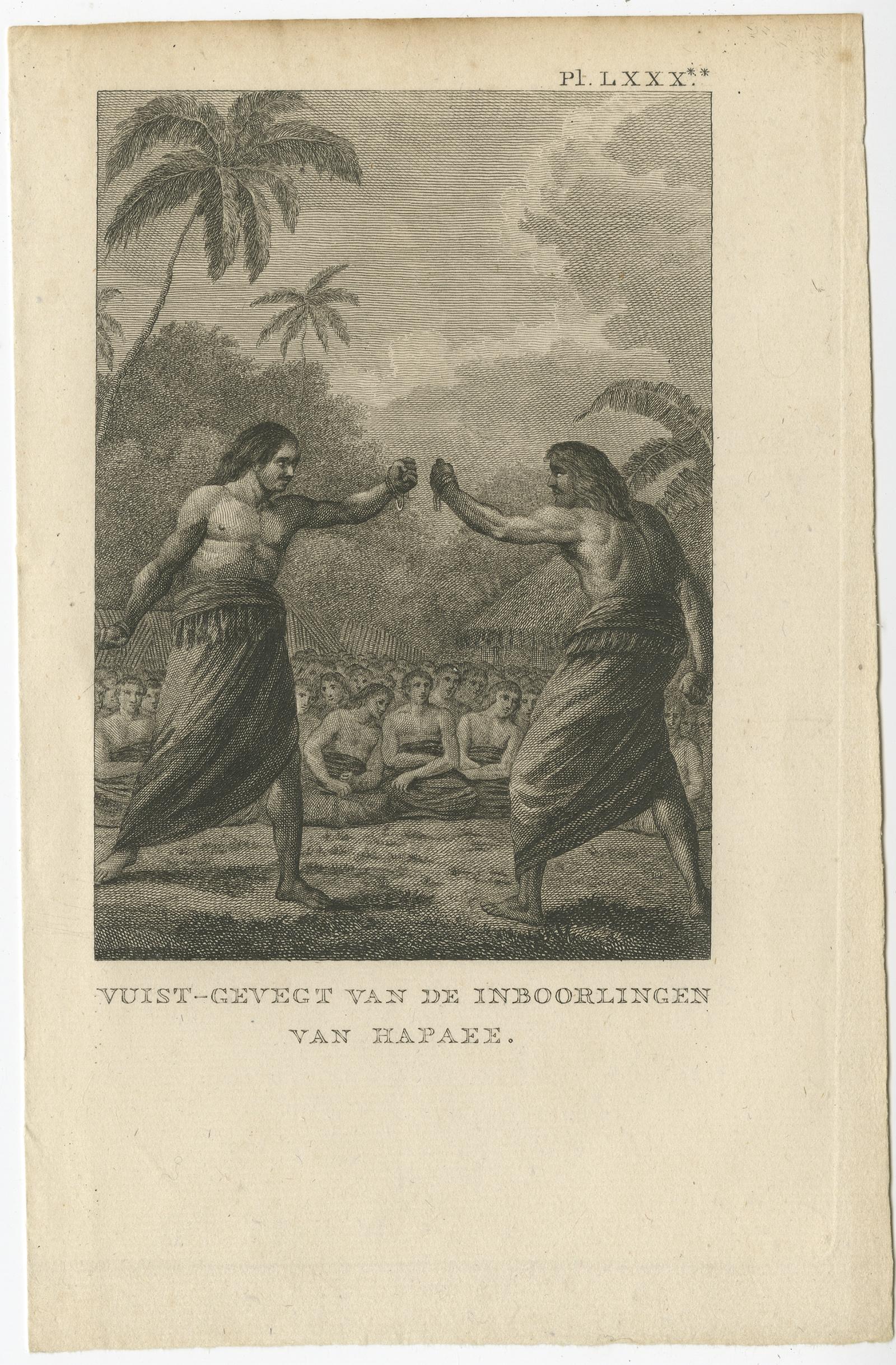 Antique print titled 'Vuist-Gevegt van de Inboorlingen van Hapaee'. 

Antique print depicting a fight between two natives of Hapaee. Originates from 'Reizen Rondom de Waereld door James Cook (..)'. 

Ha'apai is one of the islands of Tonga, where