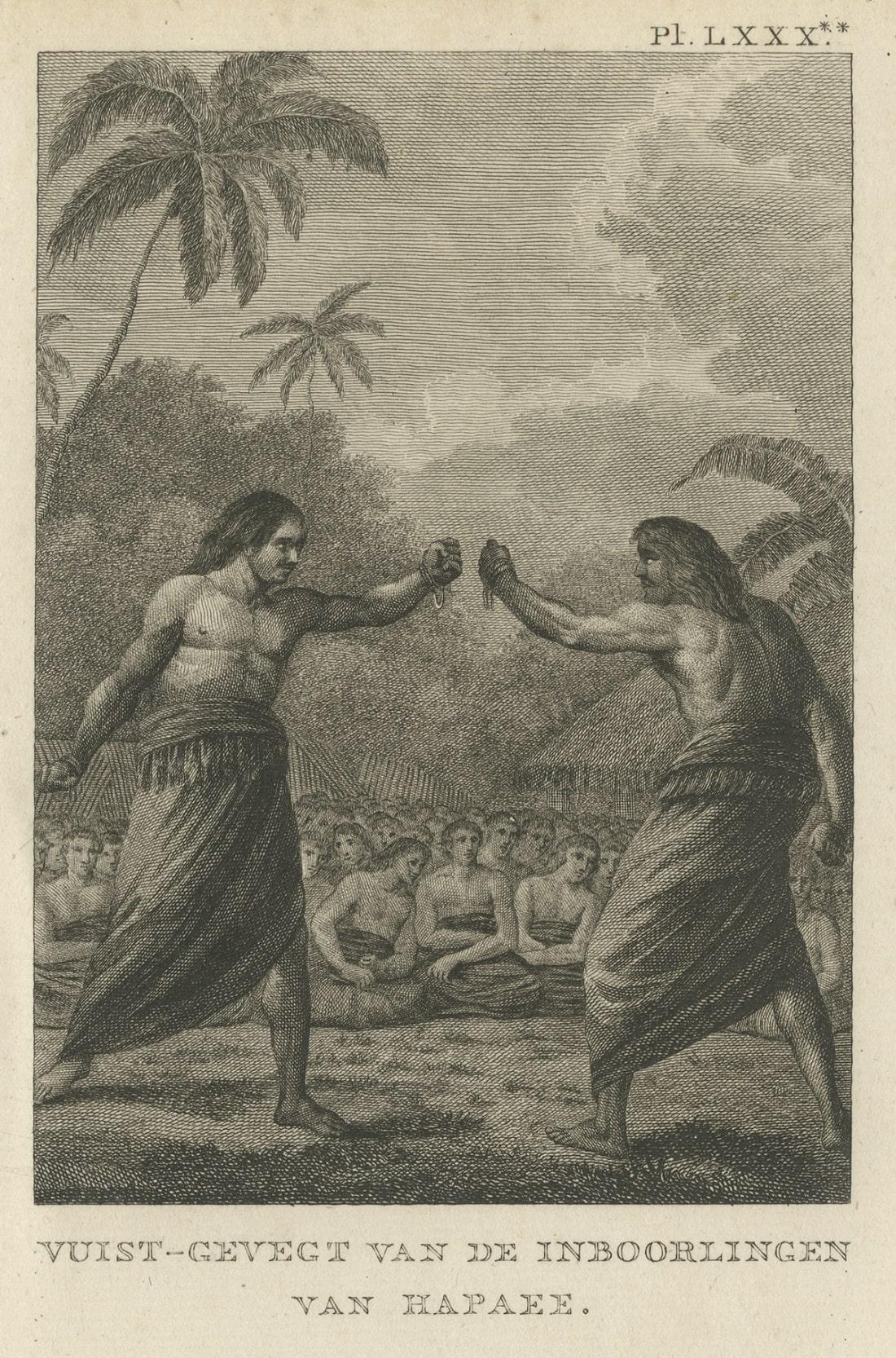 Old Print eines Boxkampfes zwischen zwei Einheimischen der Hapaee-Inseln, Tonga, 1803 im Zustand „Gut“ im Angebot in Langweer, NL