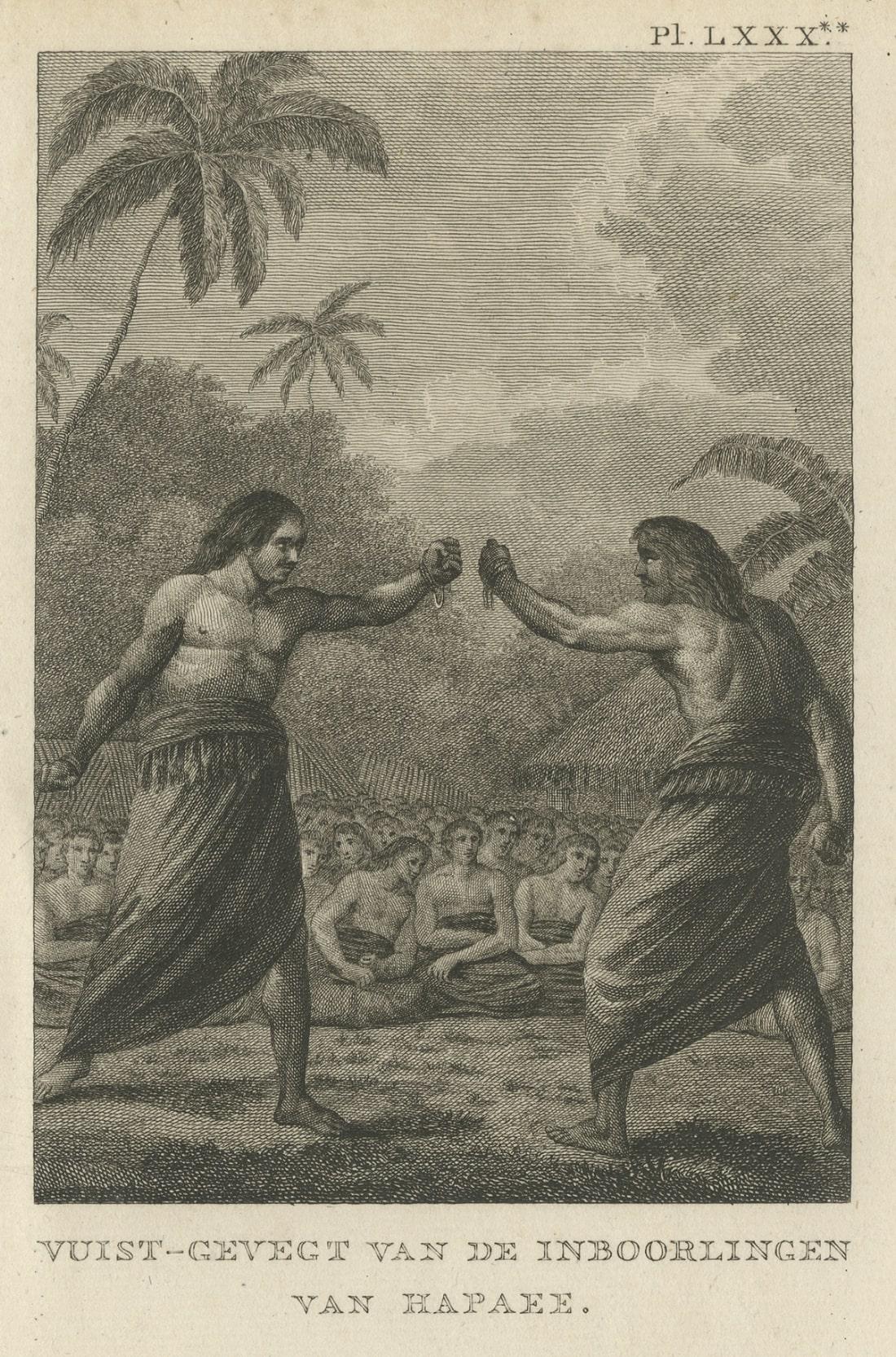 Ancienne estampe d'un combat de boxe entre deux autochtones de Hapaee, île de Tonga, 1803 Bon état - En vente à Langweer, NL